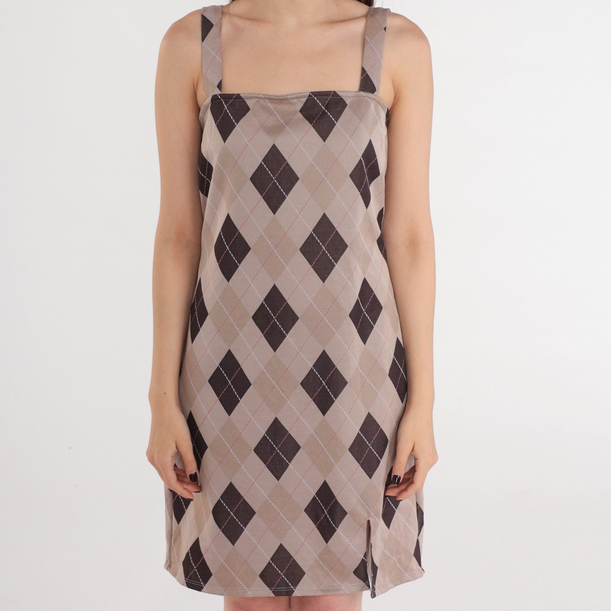 Y2K Tan Argyle Checkered Mini Sundress Spaghetti Strap Shift Small Medium