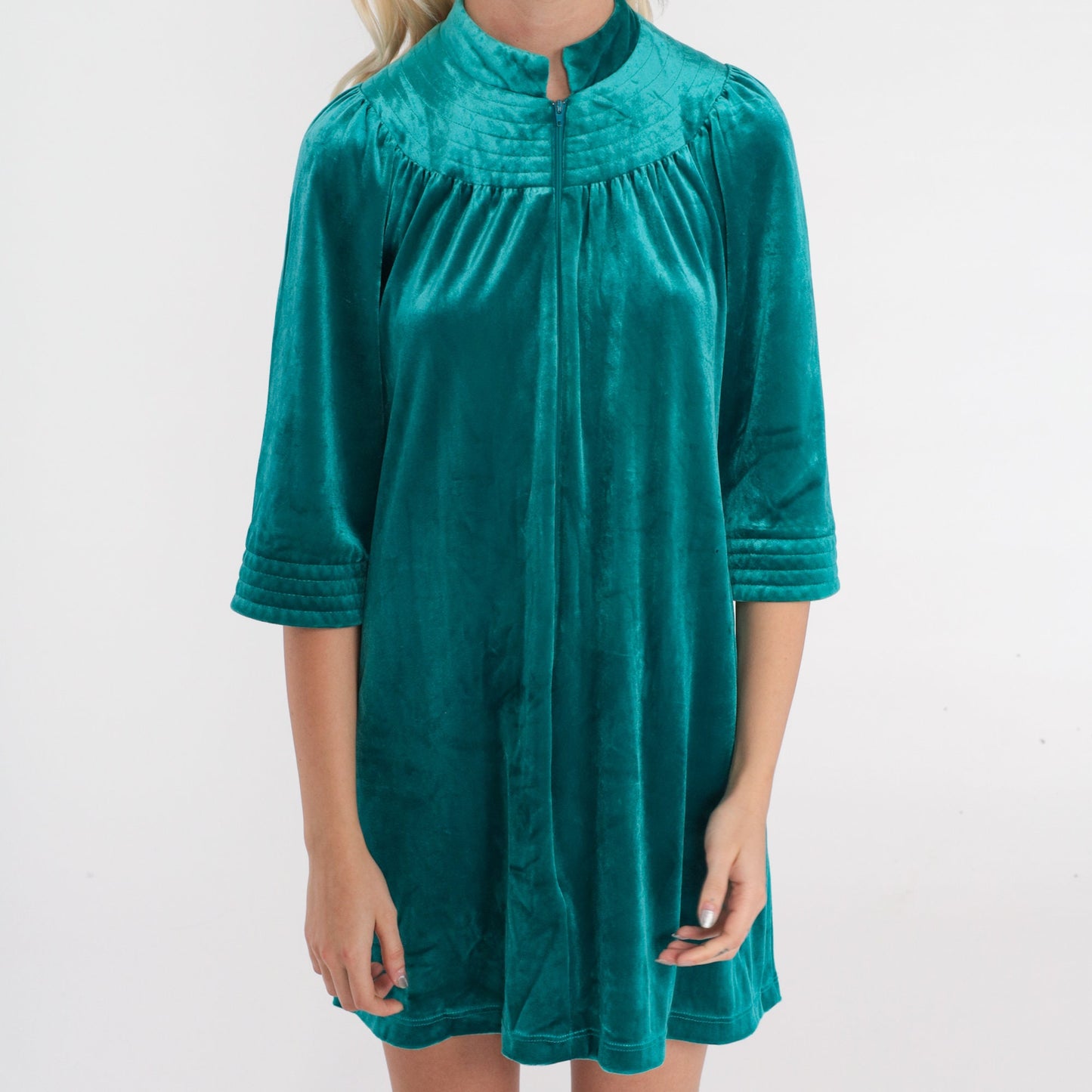 70s Green Velour Mini Lounge Dress Zip Front Tent Cut Medium M