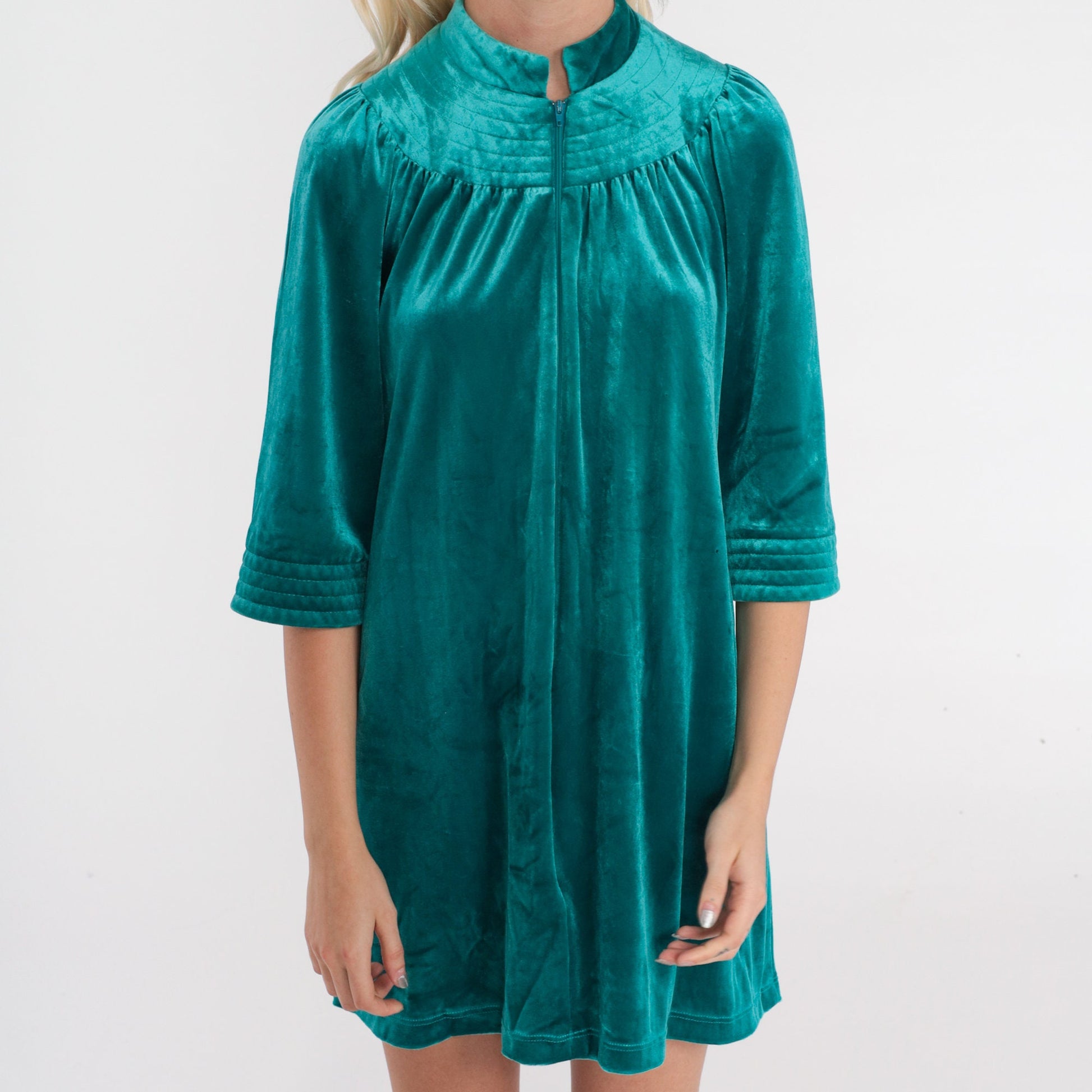 70s Green Velour Mini Lounge Dress Zip Front Tent Cut Medium M
