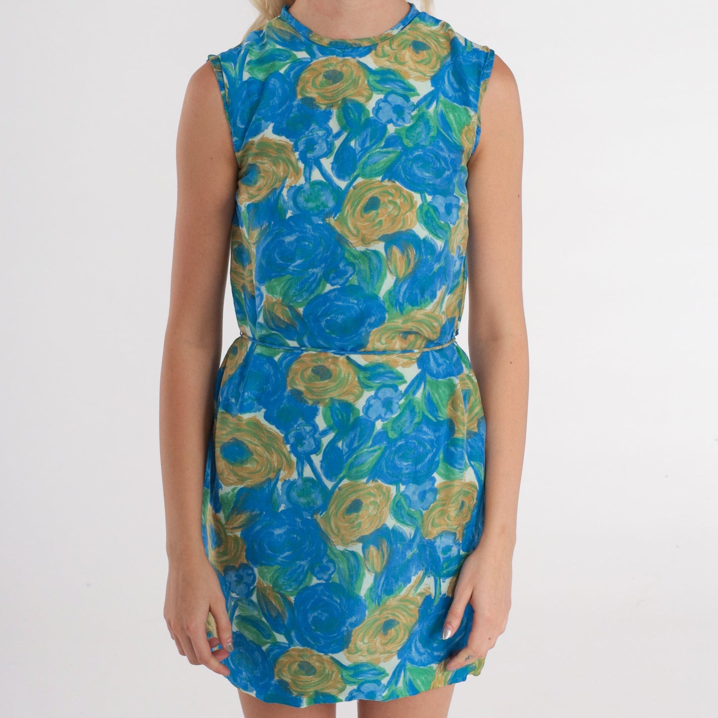 1970s Silk Floral Mini Dress Sleeveless Shift Belted Blue Green White XXS