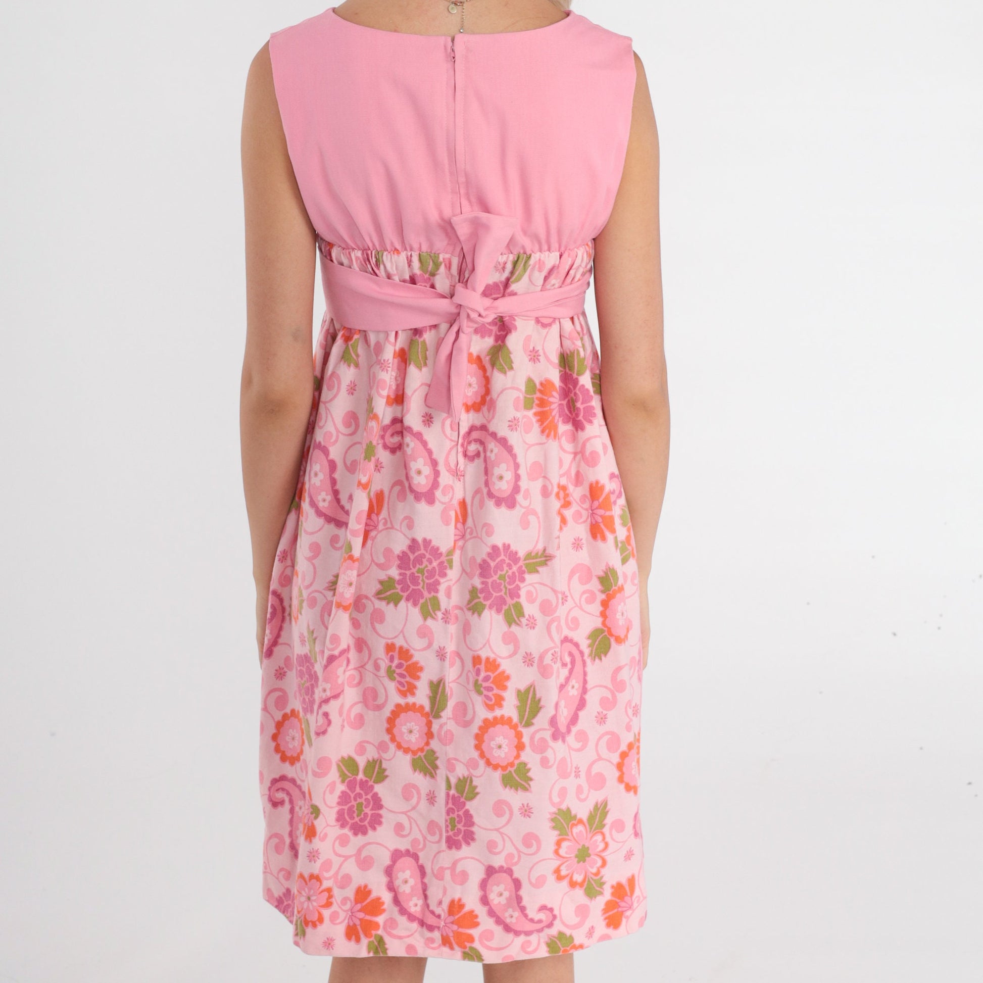 70s Pink Floral Empire Waist Mini Dress Sleeveless Tie Belt Pockets XS