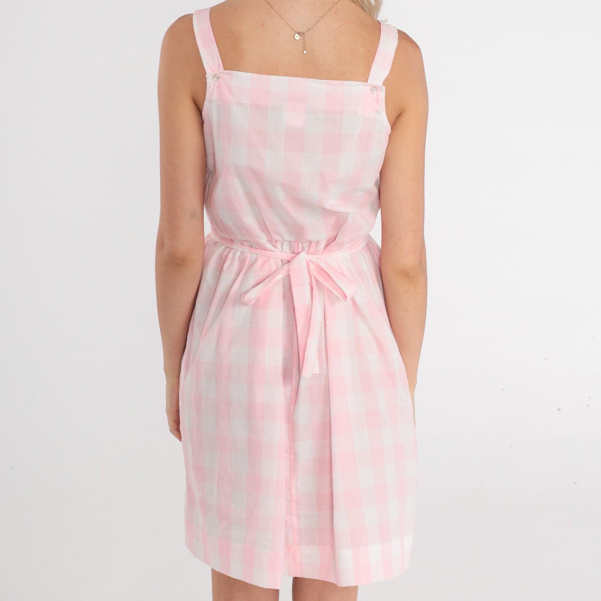80s Pink Gingham Mini Sundress Sleeveless High Waist Pinafore Extra Small
