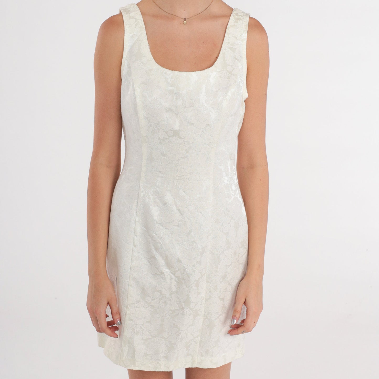 90s Rampage White Floral Jacquard Mini Dress Sleeveless Sheath Small