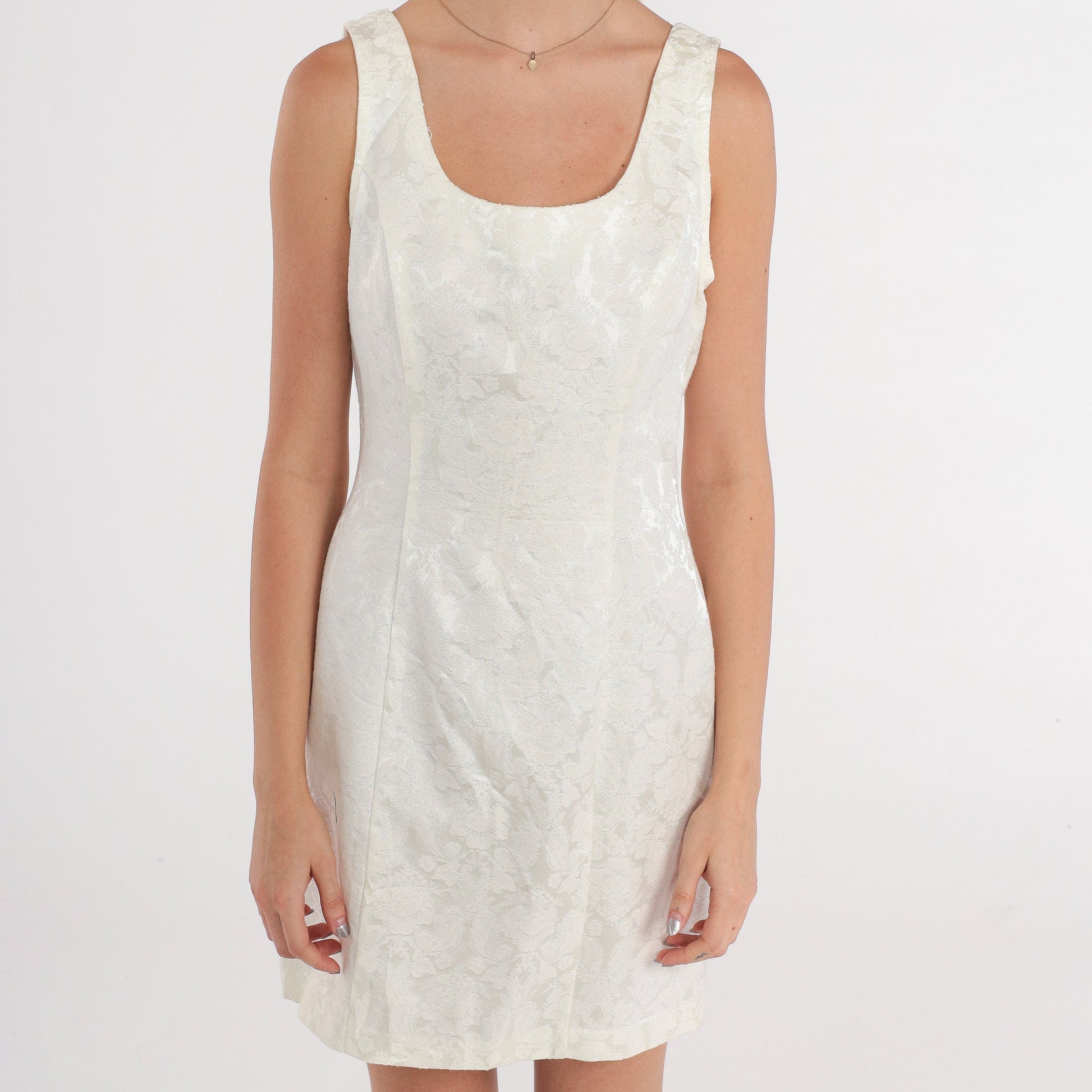 90s Rampage White Floral Jacquard Mini Dress Sleeveless Sheath Small