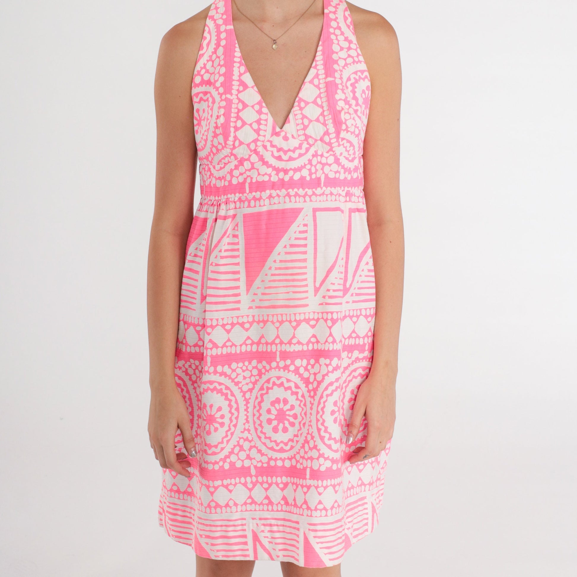 70s Hot Pink White Geometric Mini Dress Halter Neck Empire Waist Small
