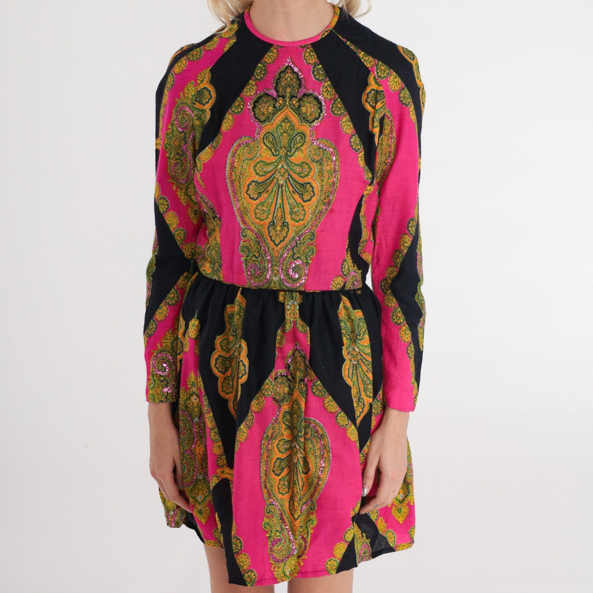 70s Don Sophistics Sequin Mini Dress Indian Floral Paisley Color Block Pink Black Small