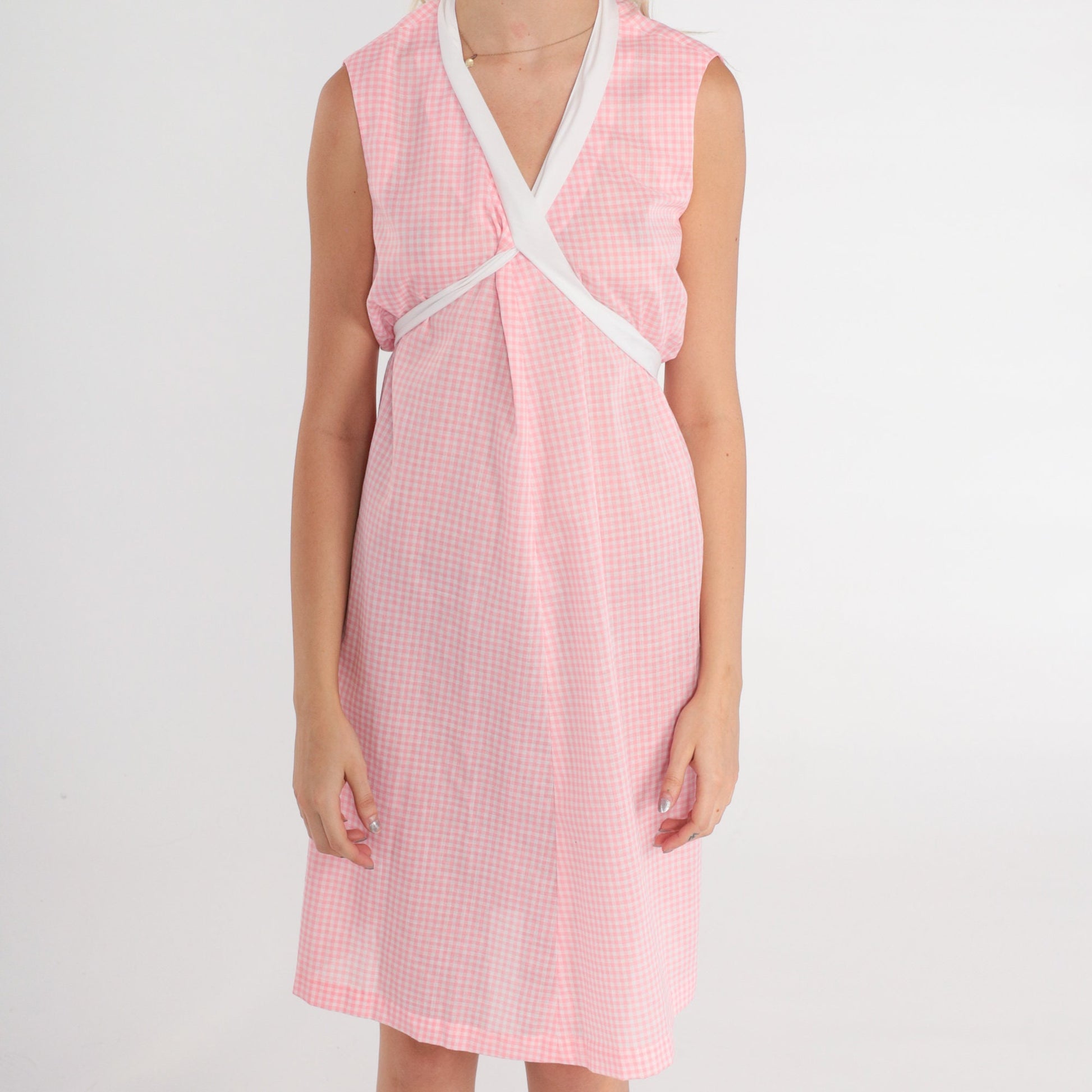80s Pink Gingham Sundress Sleeveless Empire Waist Mini Cotton Medium Large