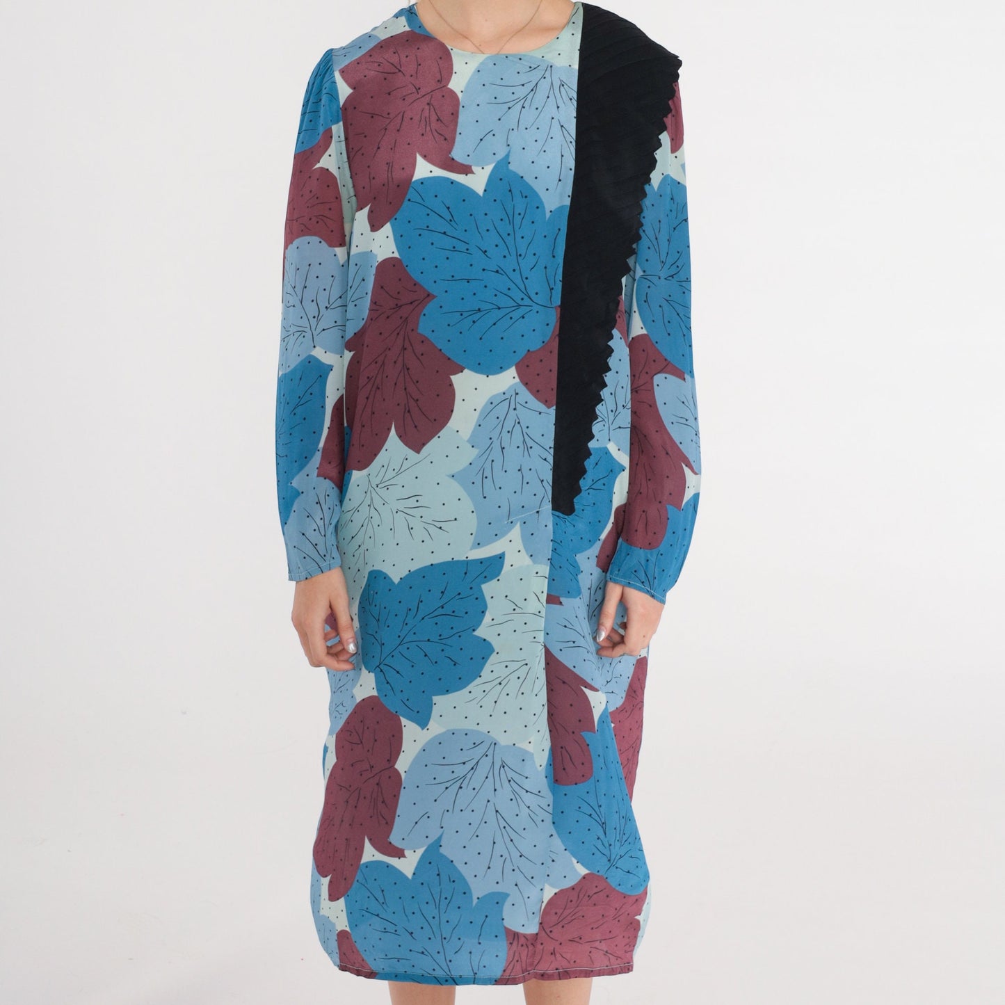 80s Leaf Polka Dot Midi Dress Long Sleeve Black Layered Shift Large L