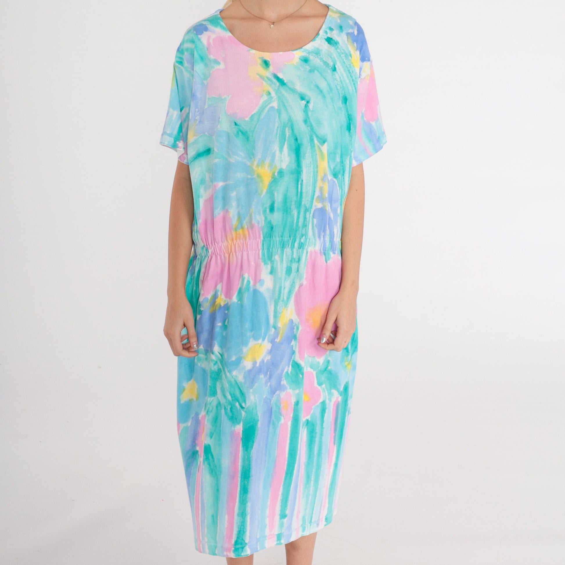 90s Watercolor Floral Midi Dress High Waist Short Sleeve Pink Green Large