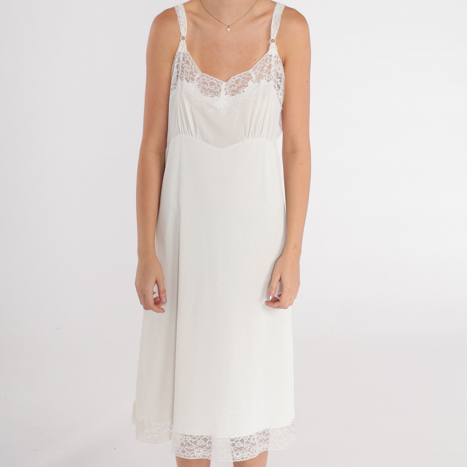 70s White Lace Trim Slip Dress Empire Waist Midi Nylon Nightgown Medium M