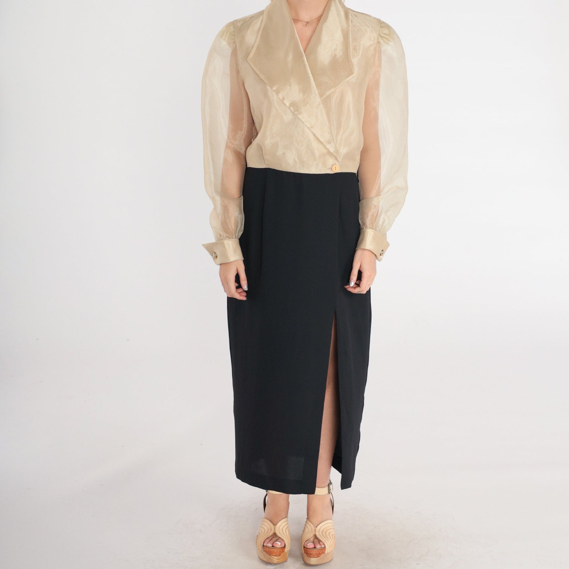 90s Metallic Gold Black Maxi Dress Sheer Sleeve Wrap Collar High Slit Small