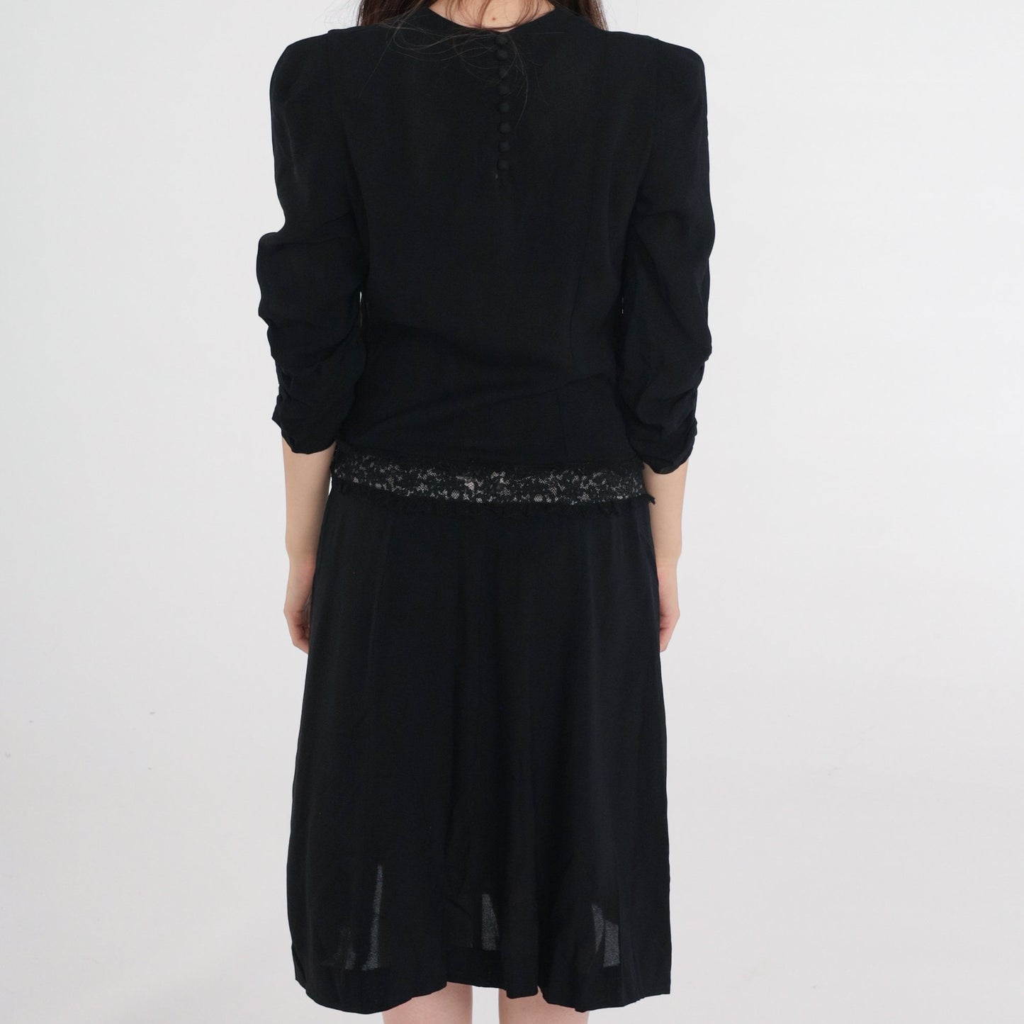 1950s Black Lace Trim Party Dress Shift Drop Waist Bow Tea Length Extra Small