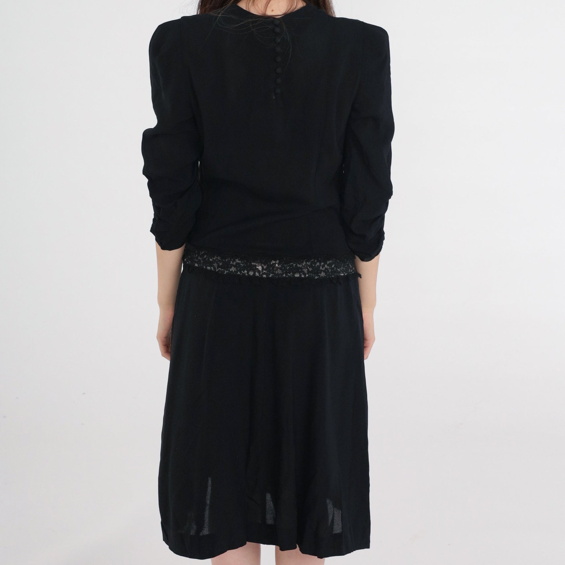 1950s Black Lace Trim Party Dress Shift Drop Waist Bow Tea Length Extra Small