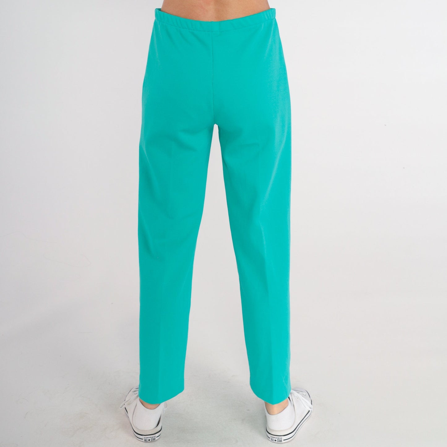 70s Turquoise High-Rise Straight Leg Trousers Elastic Waist Creased Medium