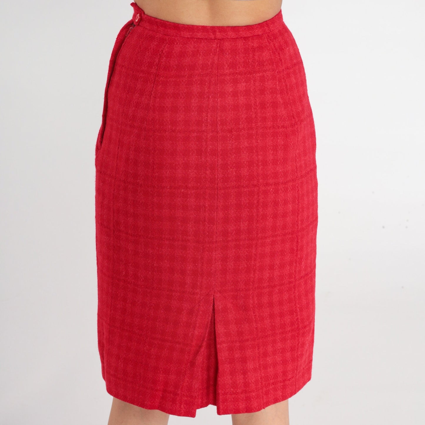 60s Bobbie Brooks Wool Skirt Red Checkered Pencil High Waist XXS