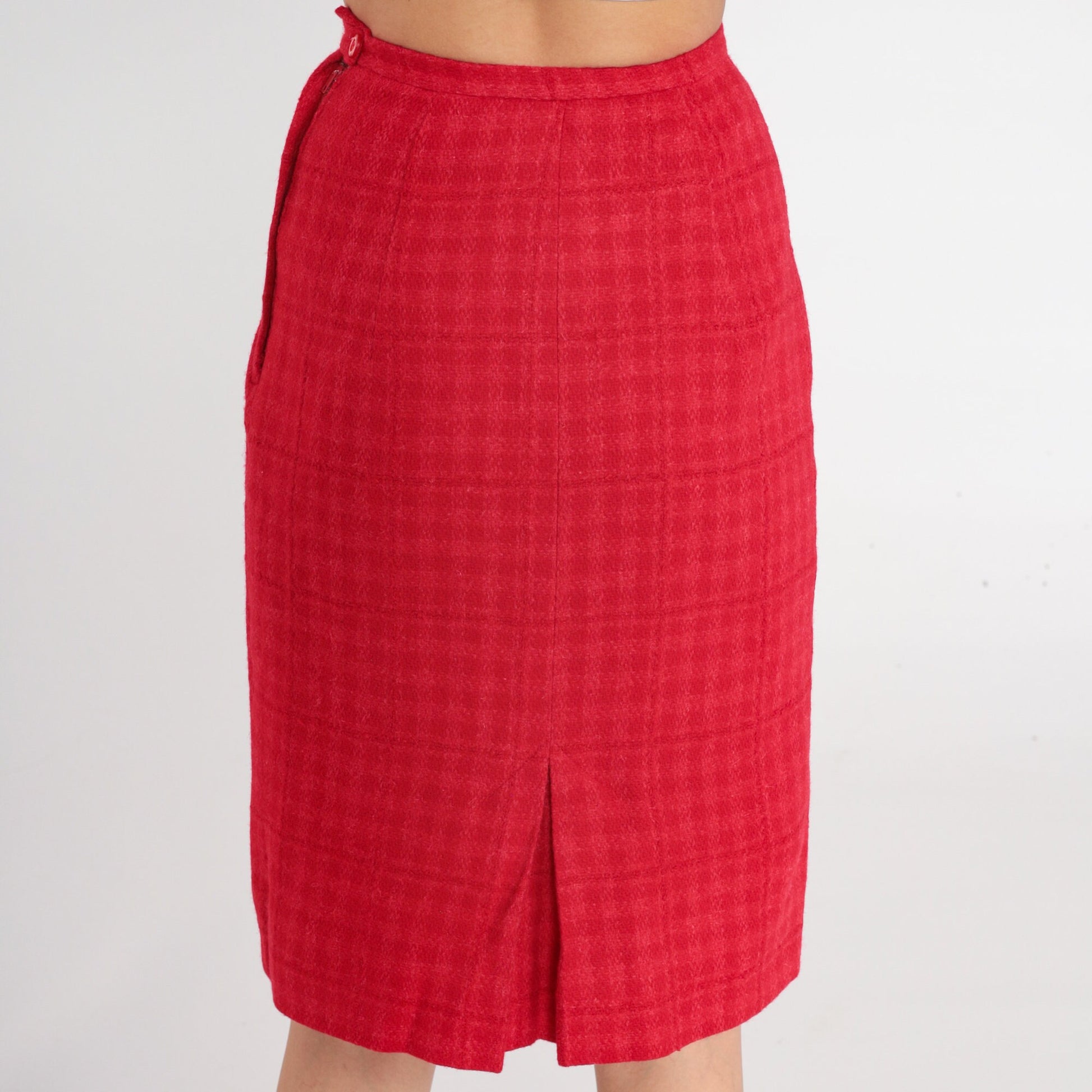 60s Bobbie Brooks Wool Skirt Red Checkered Pencil High Waist XXS