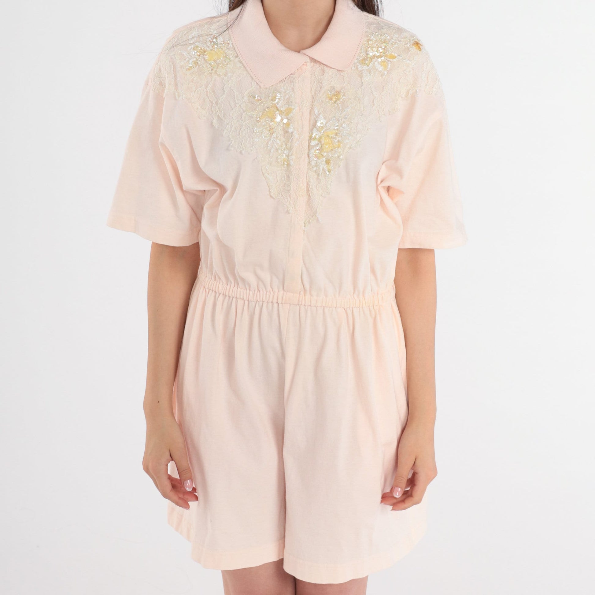 80s Derek Michael Baby Pink Cotton Romper Sequin Lace Yoke Small