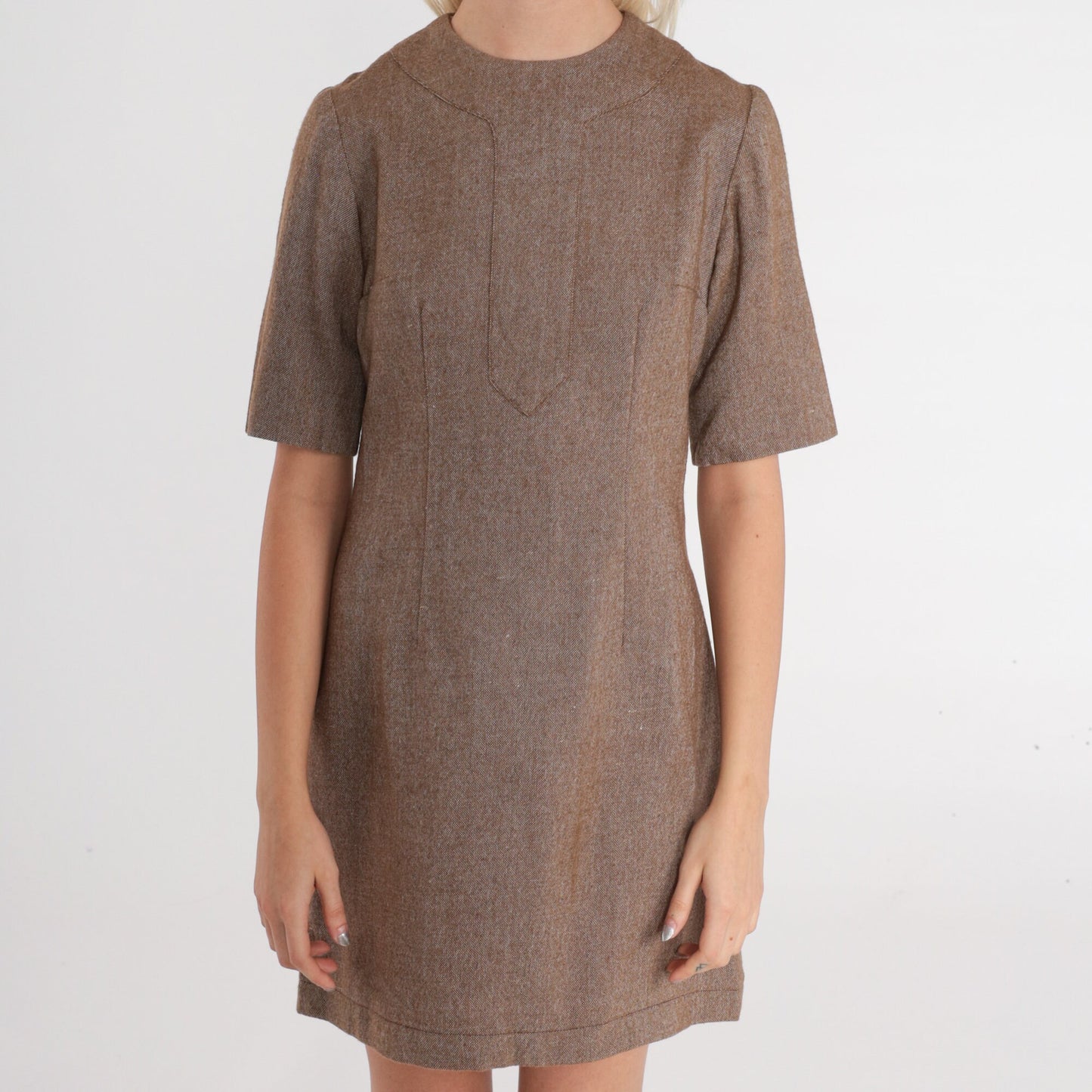 60s Brown Wool Mini Dress Mod Sheath Short Sleeve Extra Small
