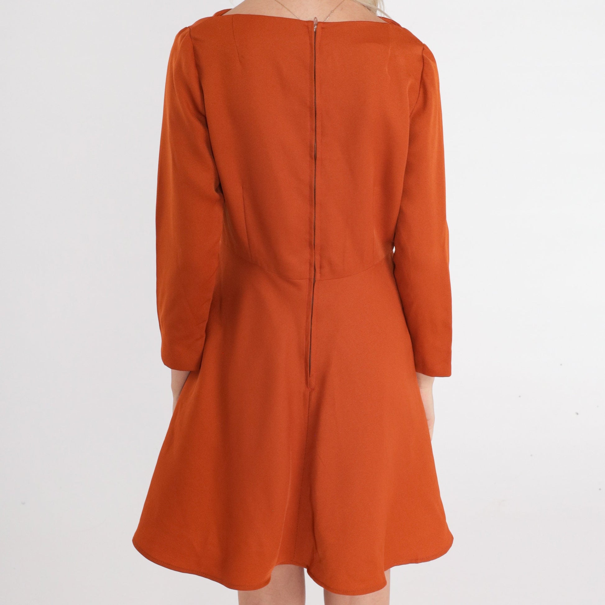 70s Burnt Orange Mini Dress Boat Neck Long Sleeve Flared Small
