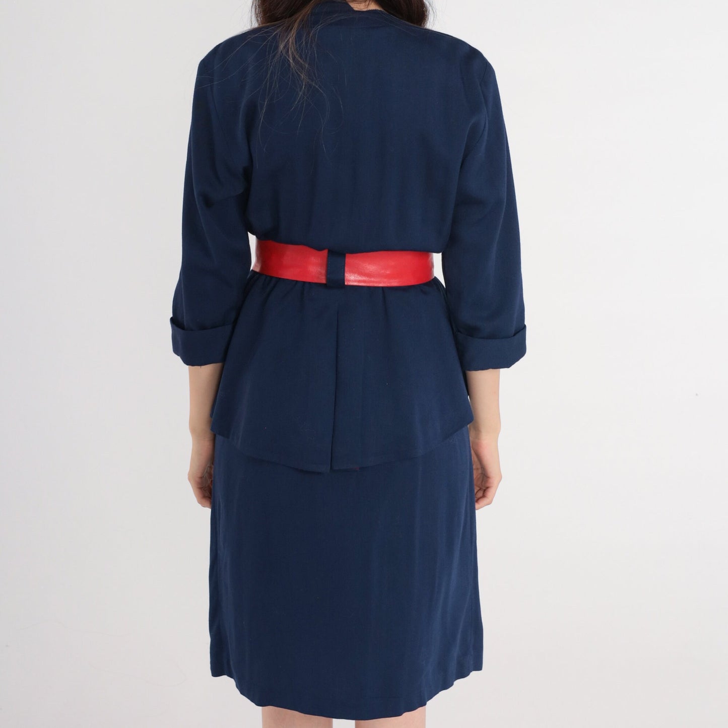 80s Michael Blair Wrap Dress Deep V Neck High Waist Midi Navy Blue Small