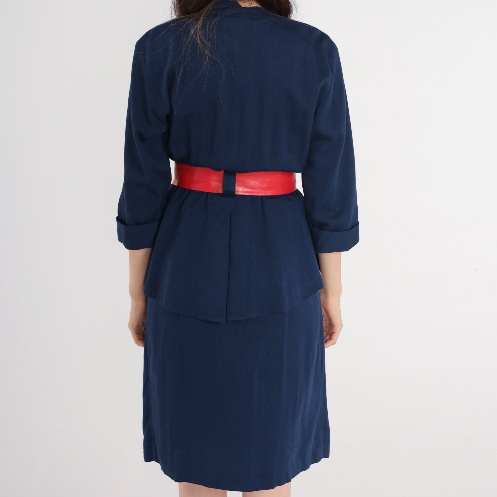 80s Michael Blair Wrap Dress Deep V Neck High Waist Midi Navy Blue Small