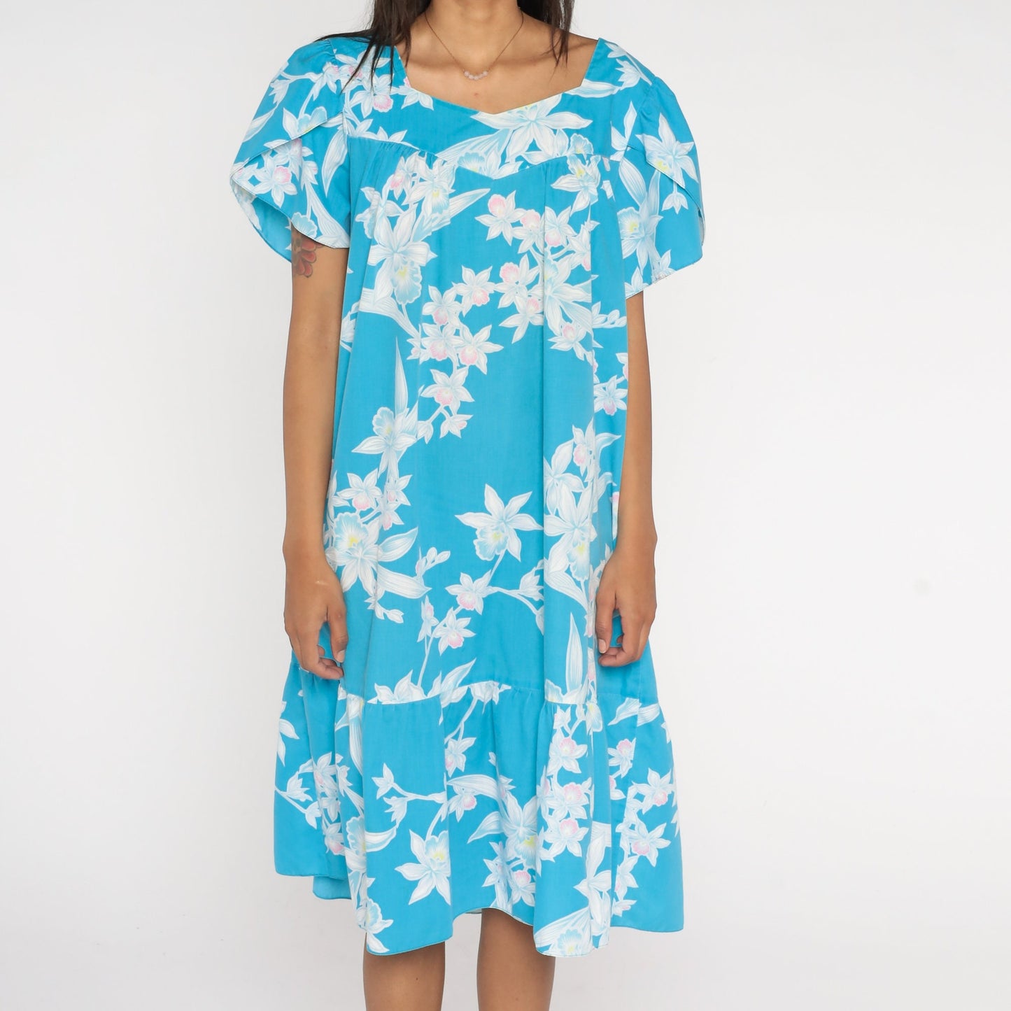 90s Hawaiian Tropical Floral Midi Dress Blue Tent Cut Tulip Sleeve Large