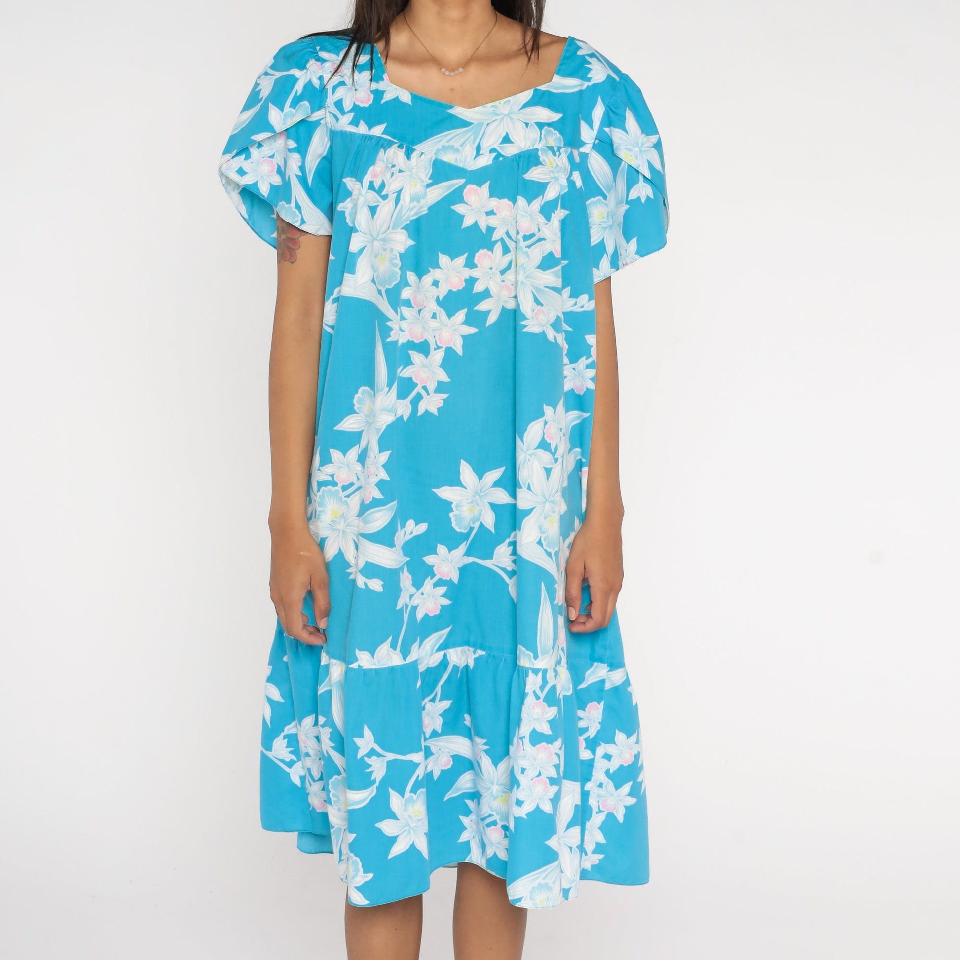 90s Hawaiian Tropical Floral Midi Dress Blue Tent Cut Tulip Sleeve Large