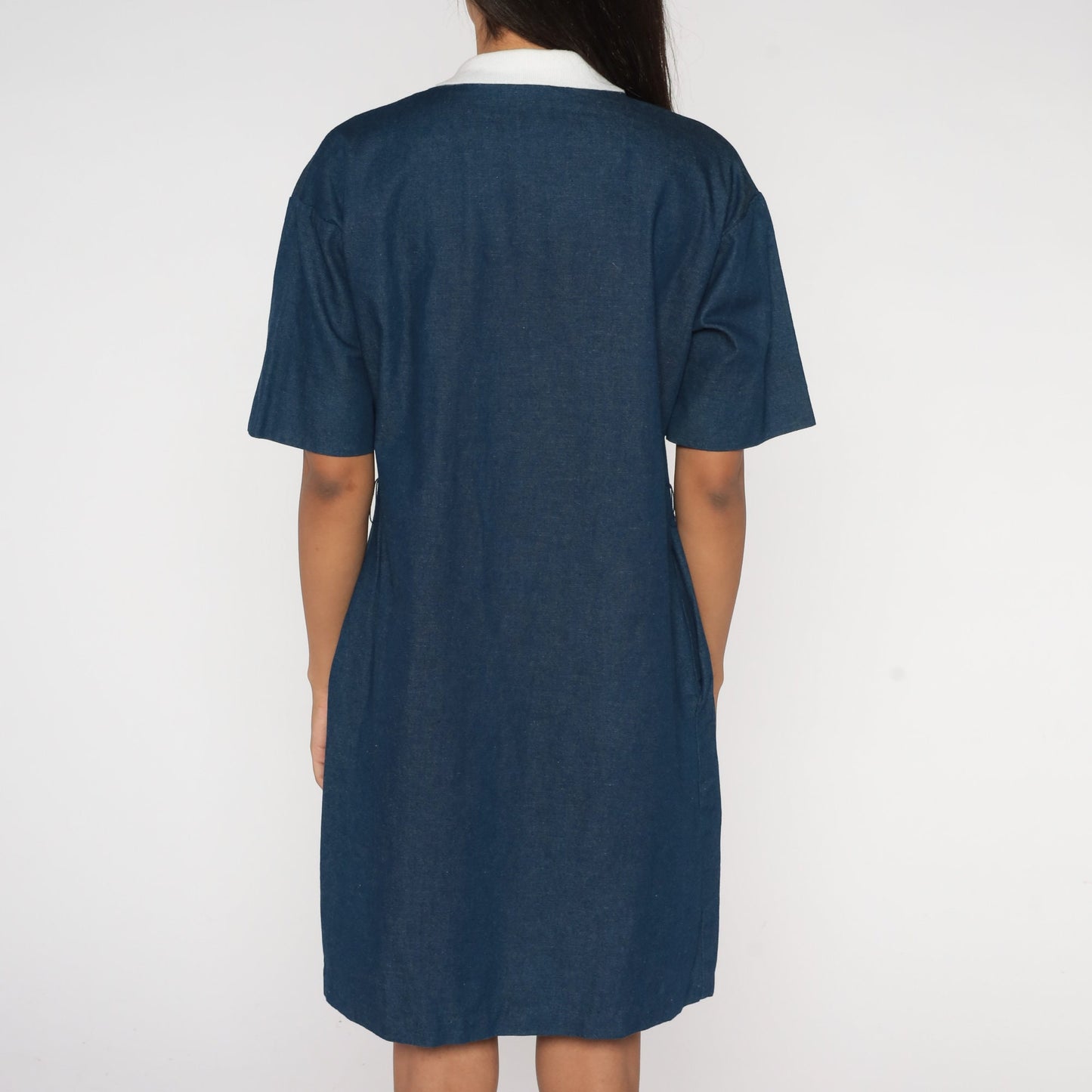80s Dark Blue Chambray Shift Dress White Collar Front Zip Mini Medium