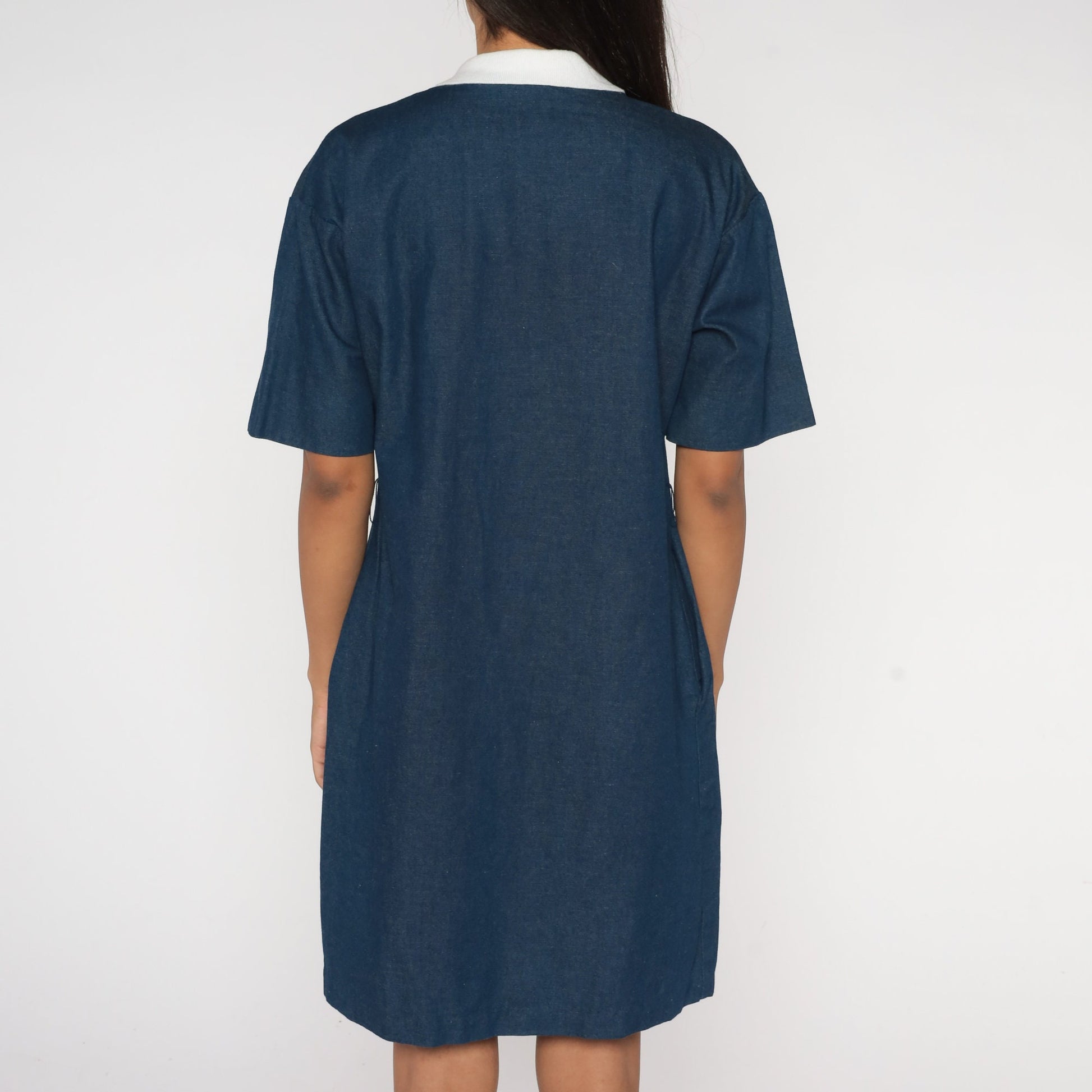 80s Dark Blue Chambray Shift Dress White Collar Front Zip Mini Medium