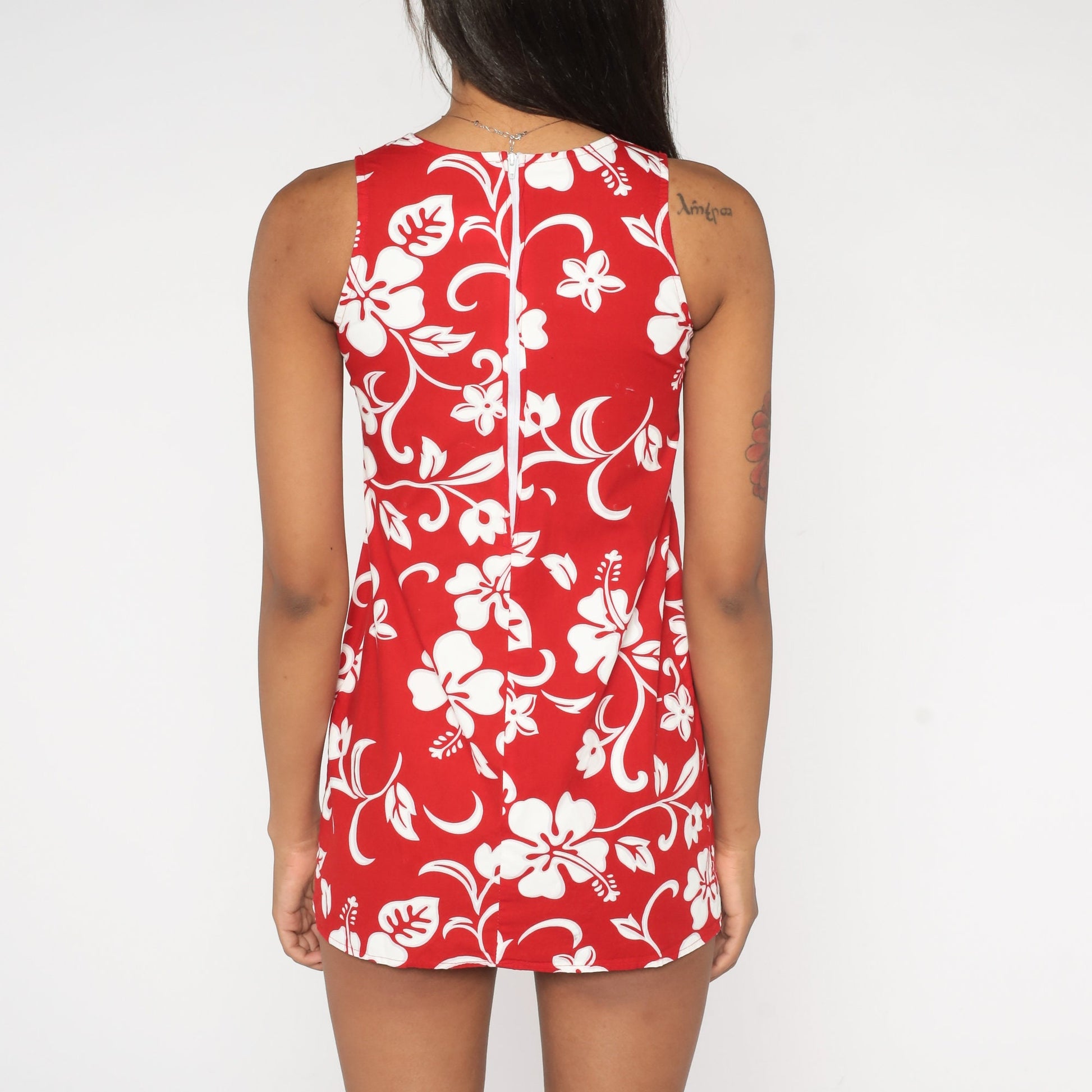 90s RJC Tropical Floral Micro Mini Shift Dress Red White 2XS
