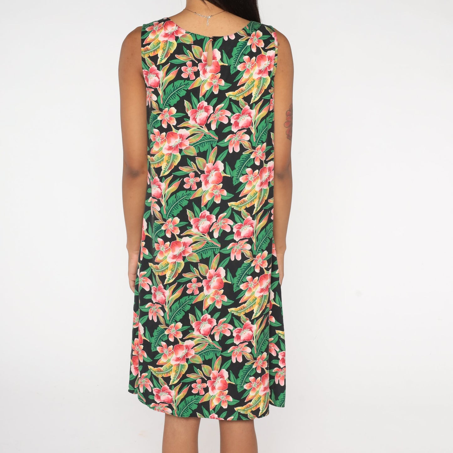 90s Coldwater Creek Silk Hawaiian Midi Dress Black Floral Sleeveless Large