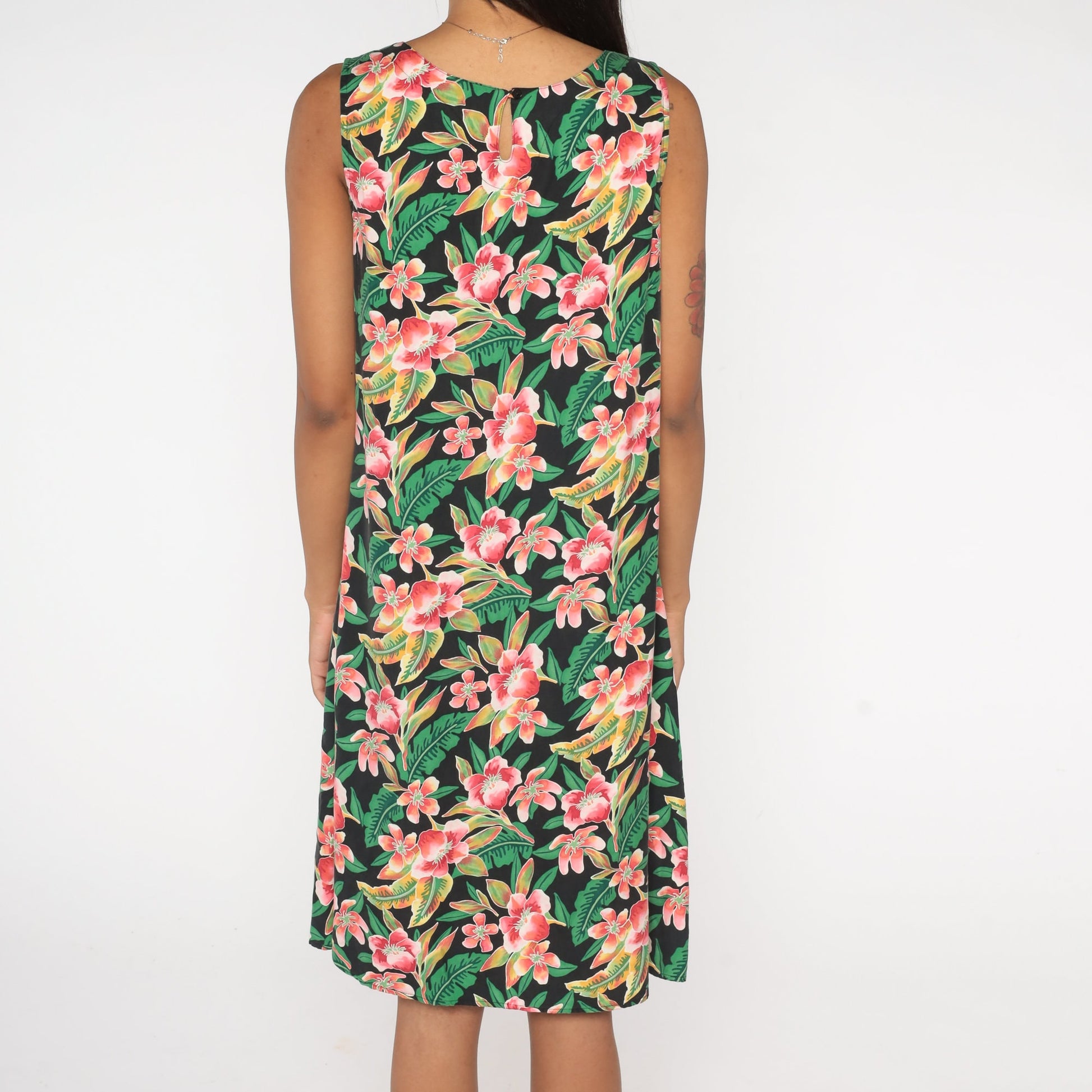 90s Coldwater Creek Silk Hawaiian Midi Dress Black Floral Sleeveless Large