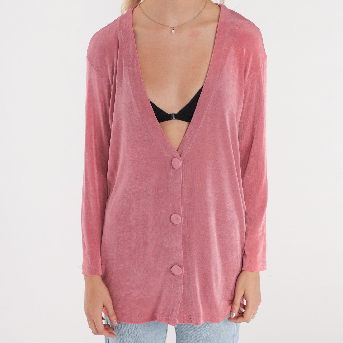 90s Dusty Pink Cardigan Sweater Button-Up Deep V-Neck Small