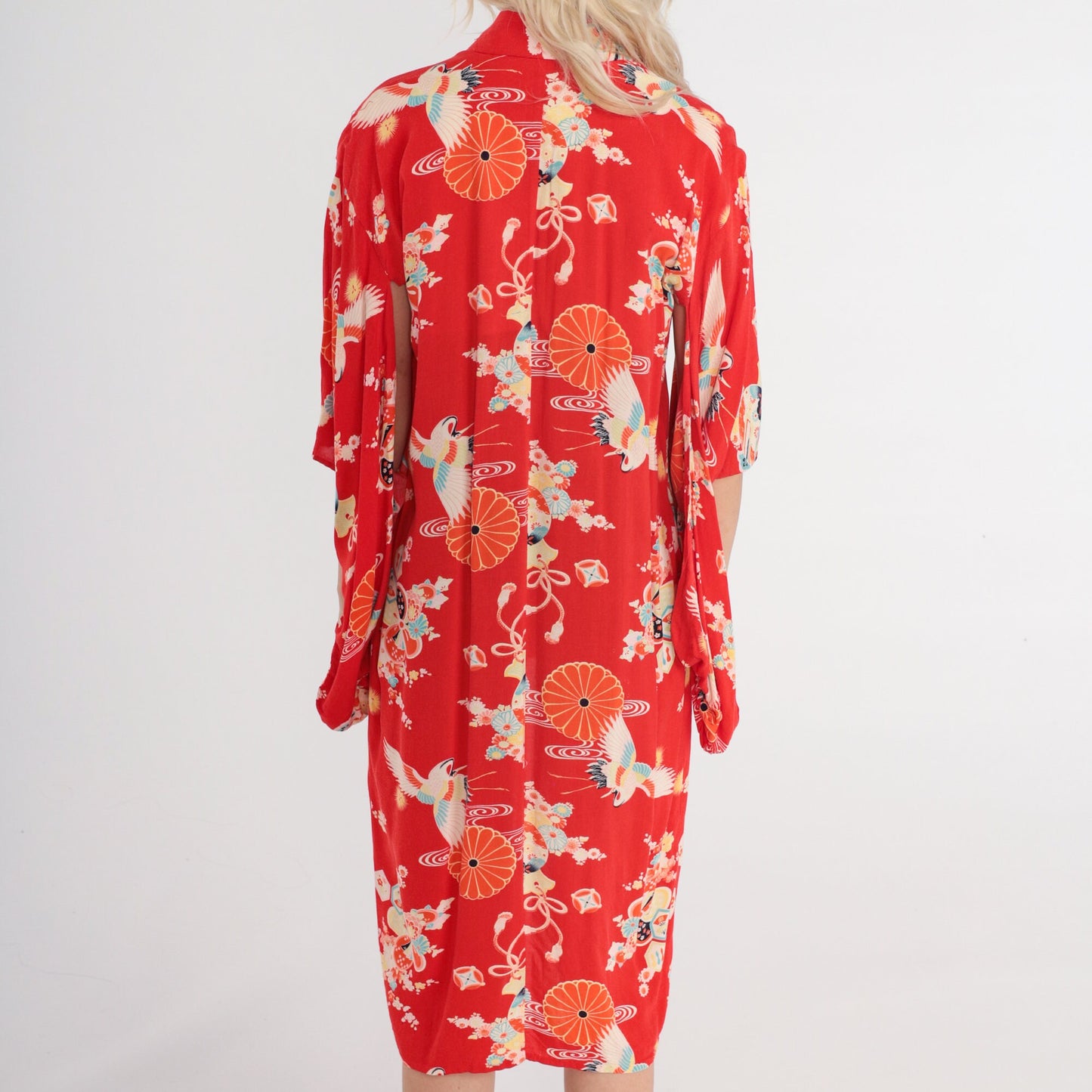 80s Red Floral Kimono Robe Midi Crane Print Tie Front Medium