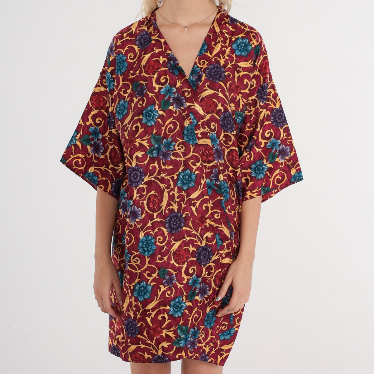 90s L.A Intimates Burgundy Floral Kimono Robe Mini Wrap Medium M