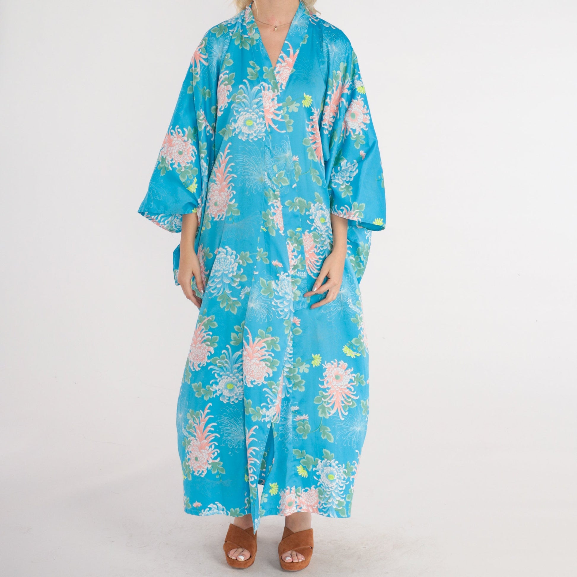 90s Blue Floral Kimono Robe Maxi Open Front Japanese Print Medium Large