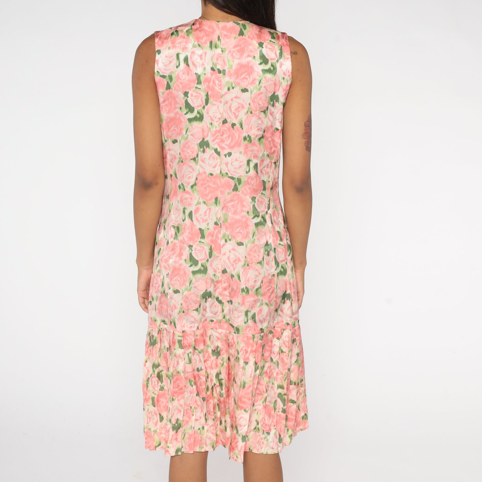 Y2K Maggie London Silk Floral Midi Dress Pink Green Sleeveless Small 6