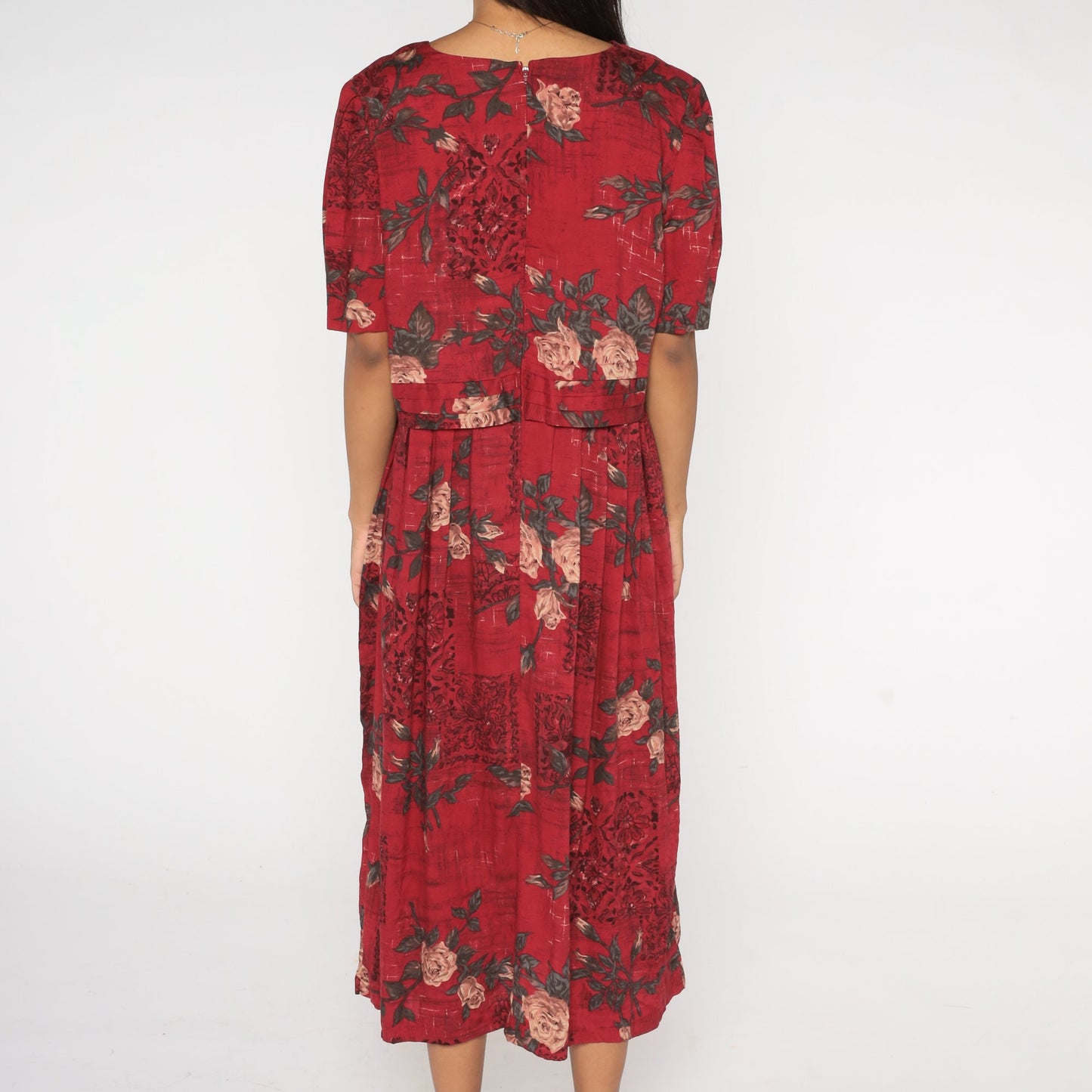 90s Dark Red Floral Rayon Maxi Dress Short Sleeve Rose Print Large