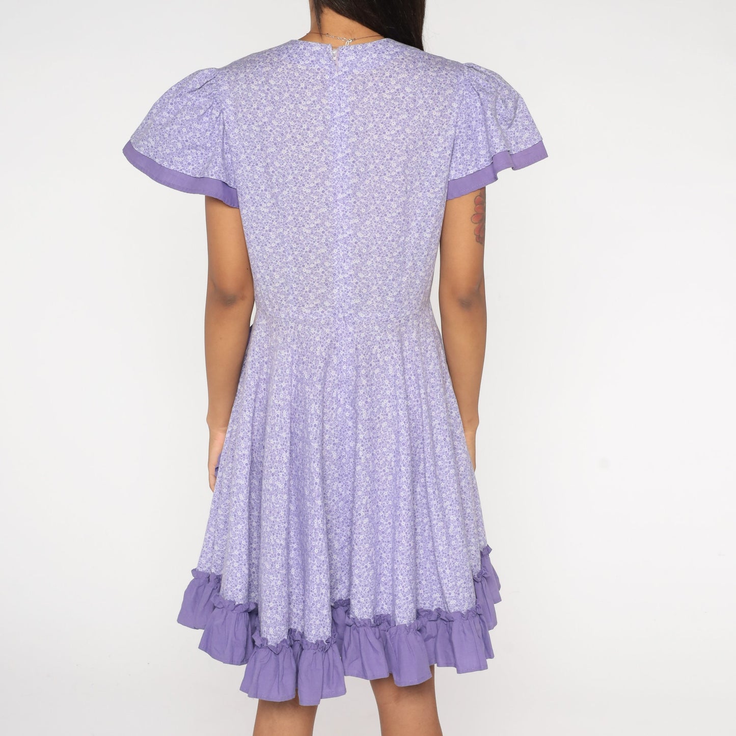 80s Purple Calico Floral High-Waist Midi Dress Puff Sleeve Medium