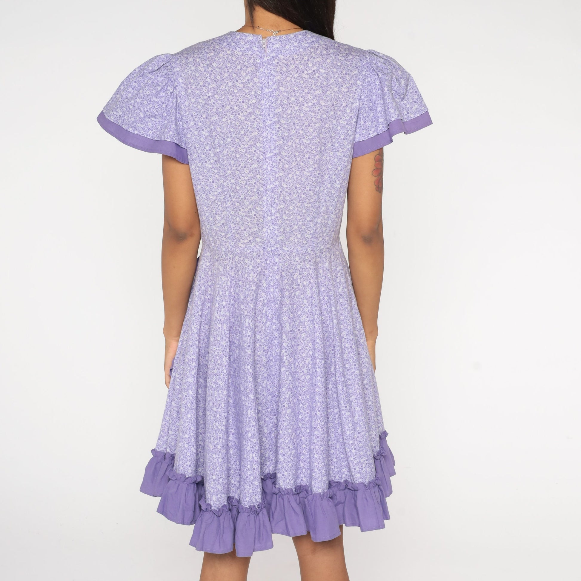 80s Purple Calico Floral High-Waist Midi Dress Puff Sleeve Medium