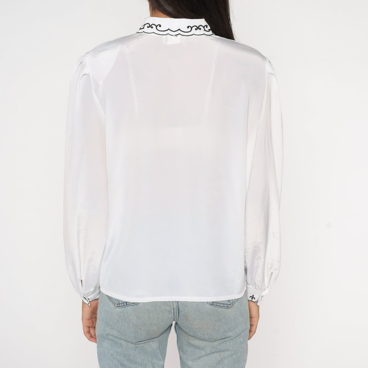 80s White Puff Sleeve Blouse Embroidered Collar Button-Up Shirt Large