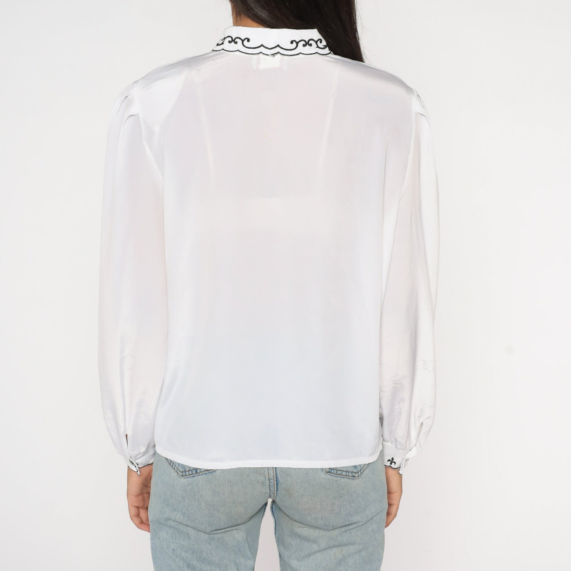 80s White Puff Sleeve Blouse Embroidered Collar Button-Up Shirt Large