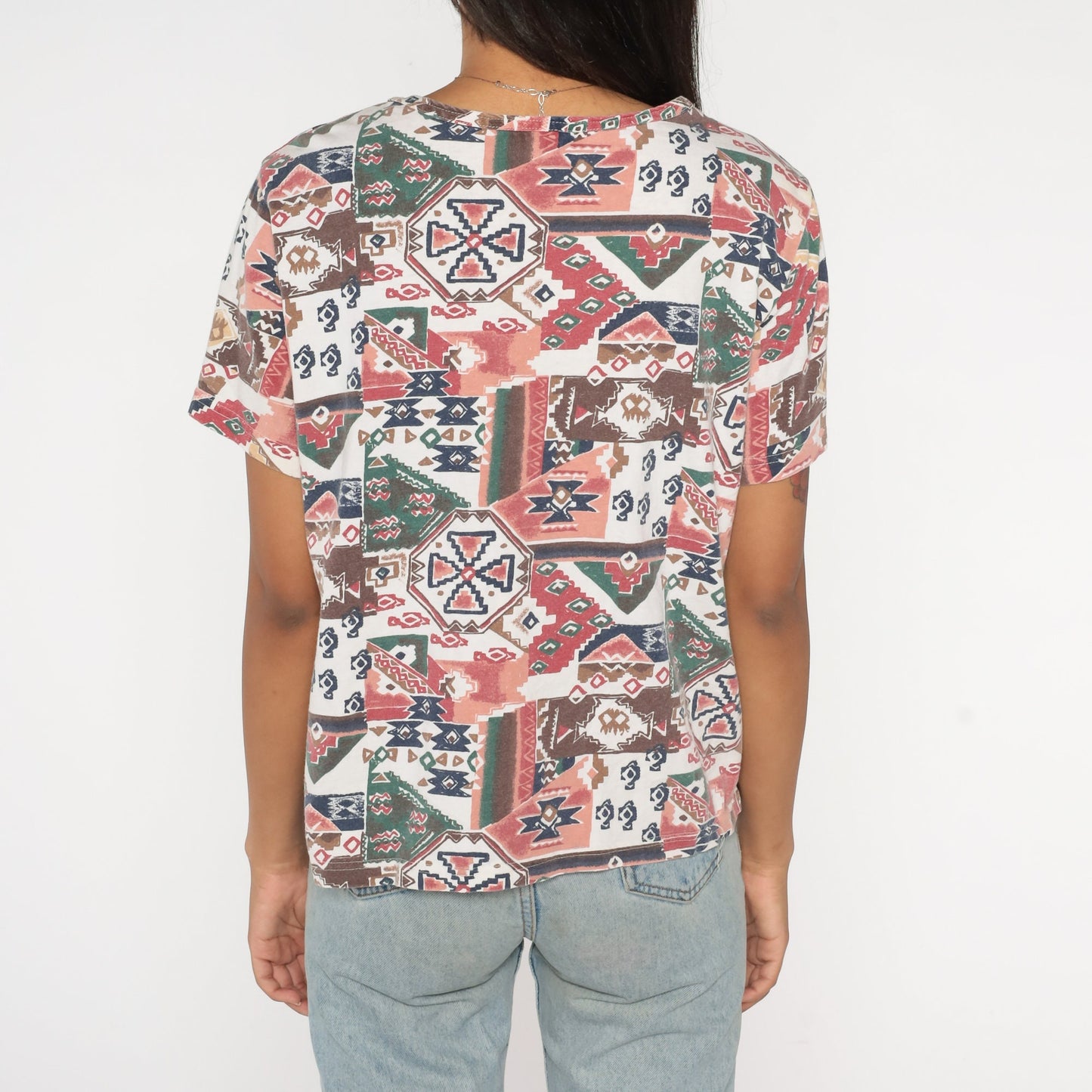 90s Southwestern Aztec Henley T-Shirt Geometric Print Pink Brown Red Large L
