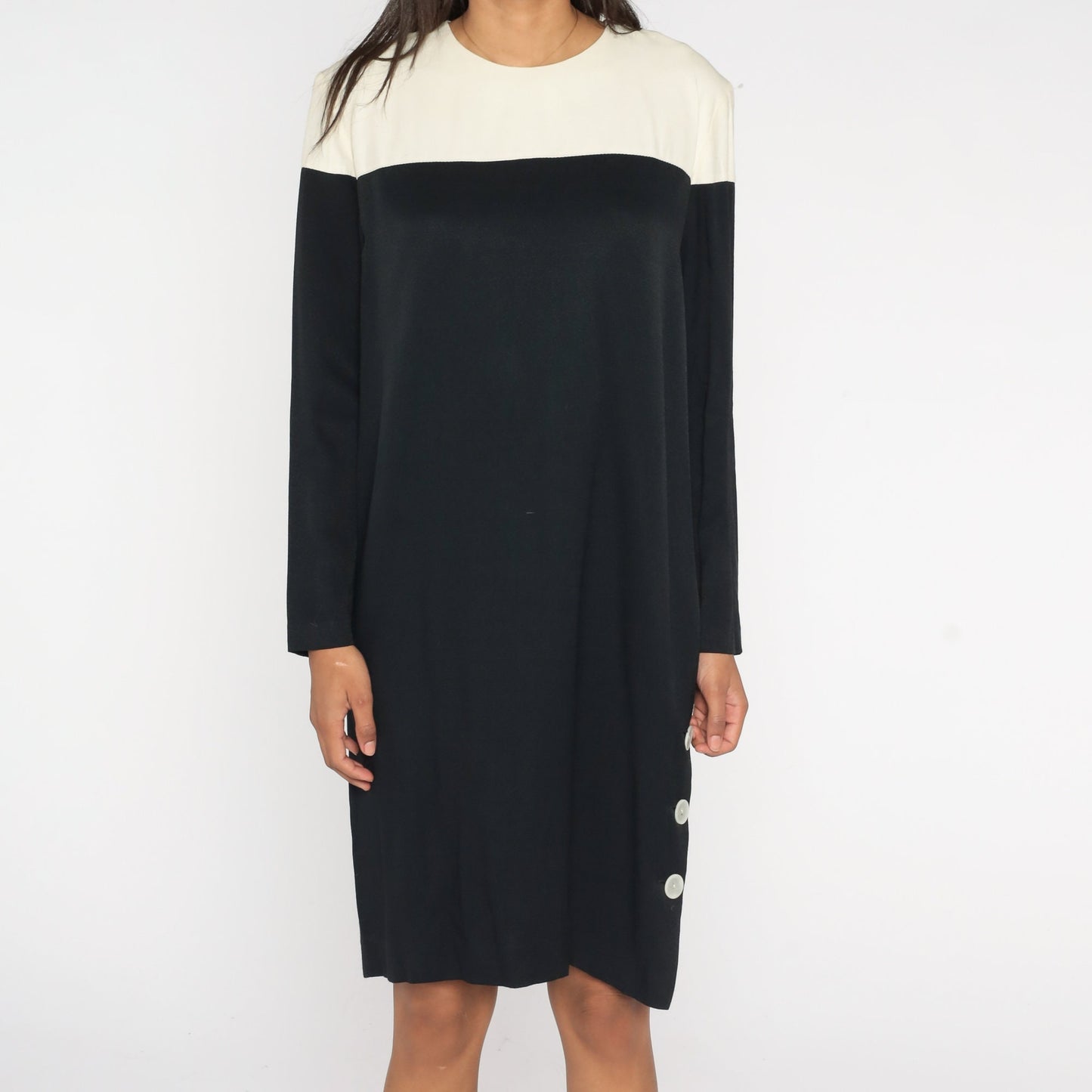 80s Color Block Shift Dress Black White Midi Long Sleeve Medium
