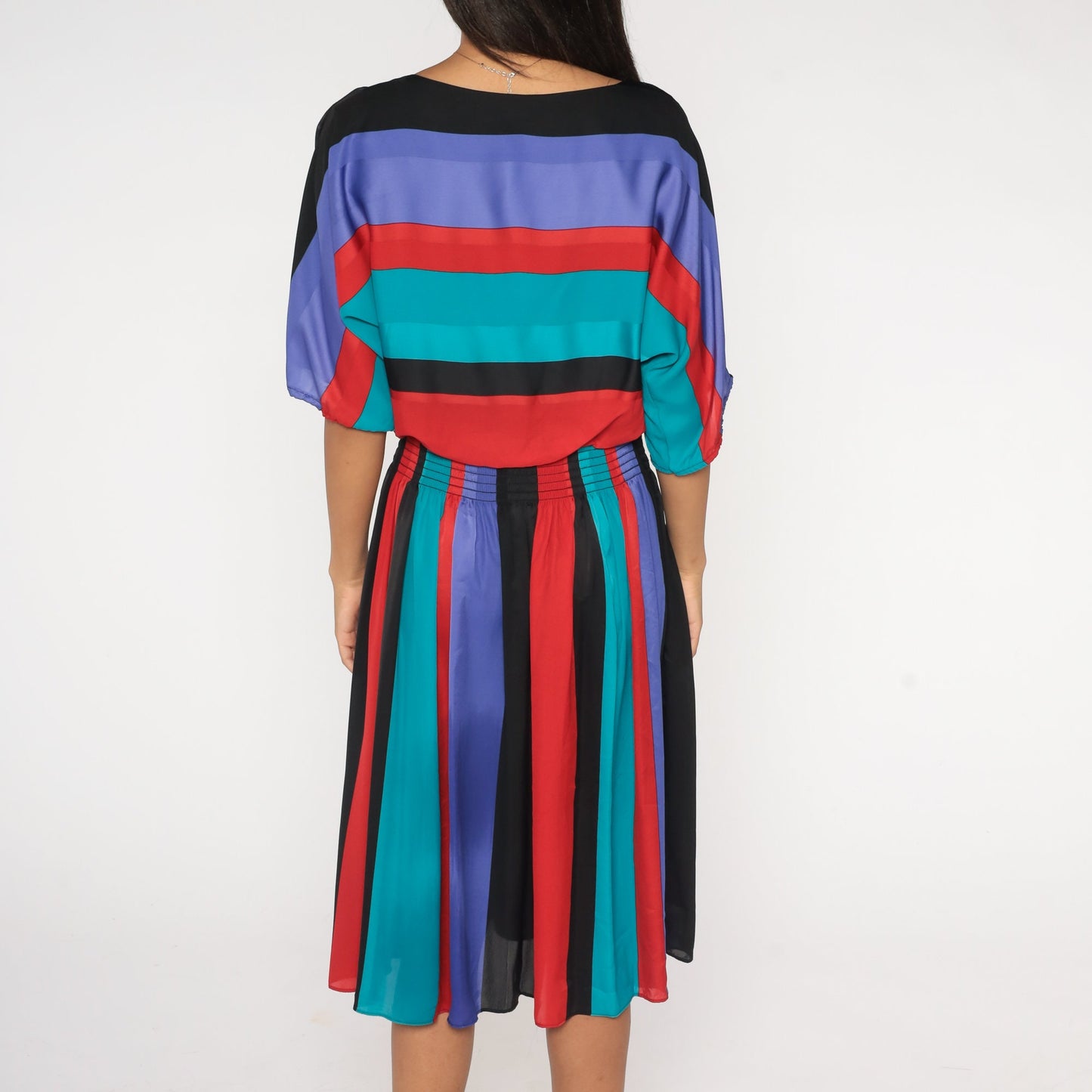 80s Striped Midi Dress Dolman Sleeve High Waist Red Purple Turquoise Medium