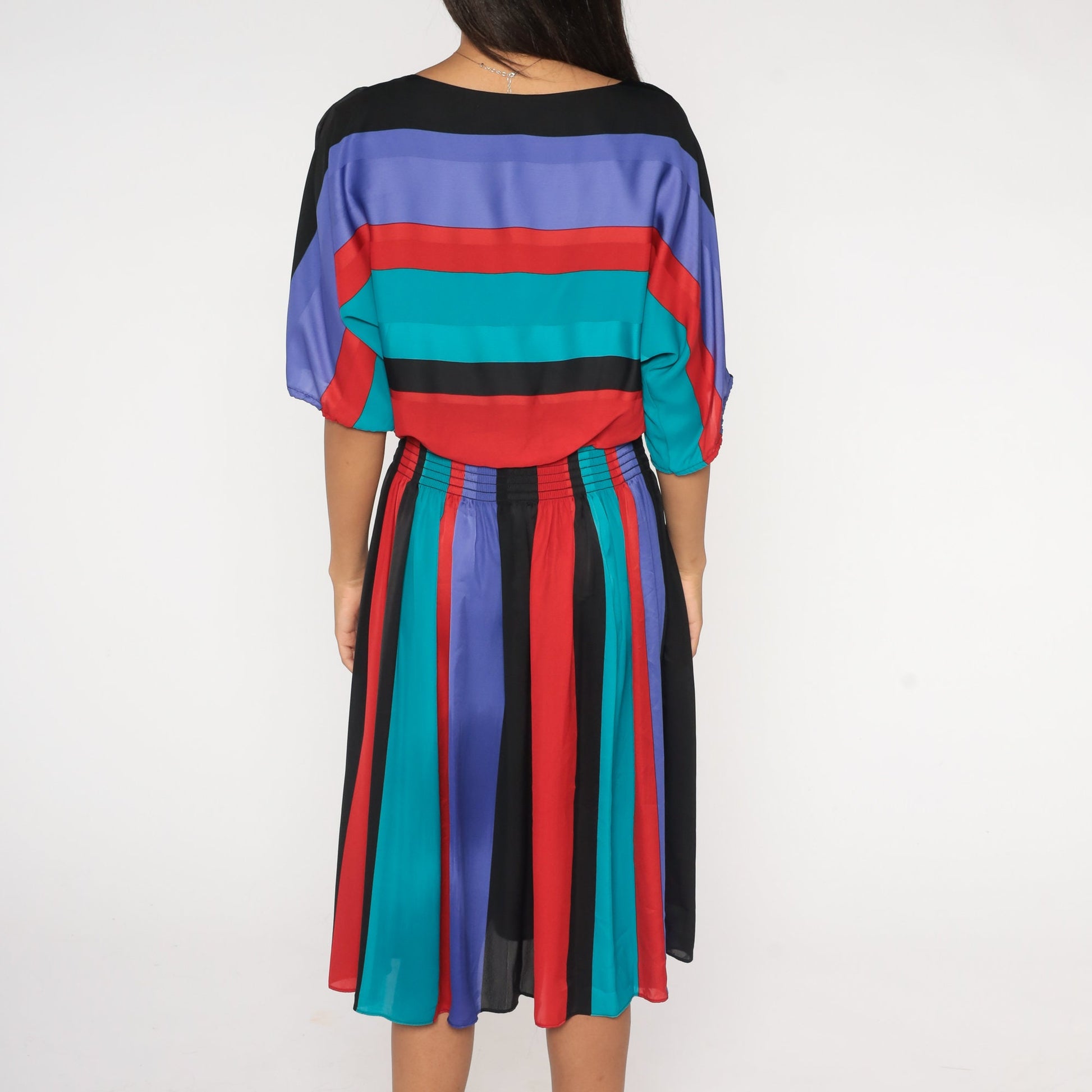 80s Striped Midi Dress Dolman Sleeve High Waist Red Purple Turquoise Medium