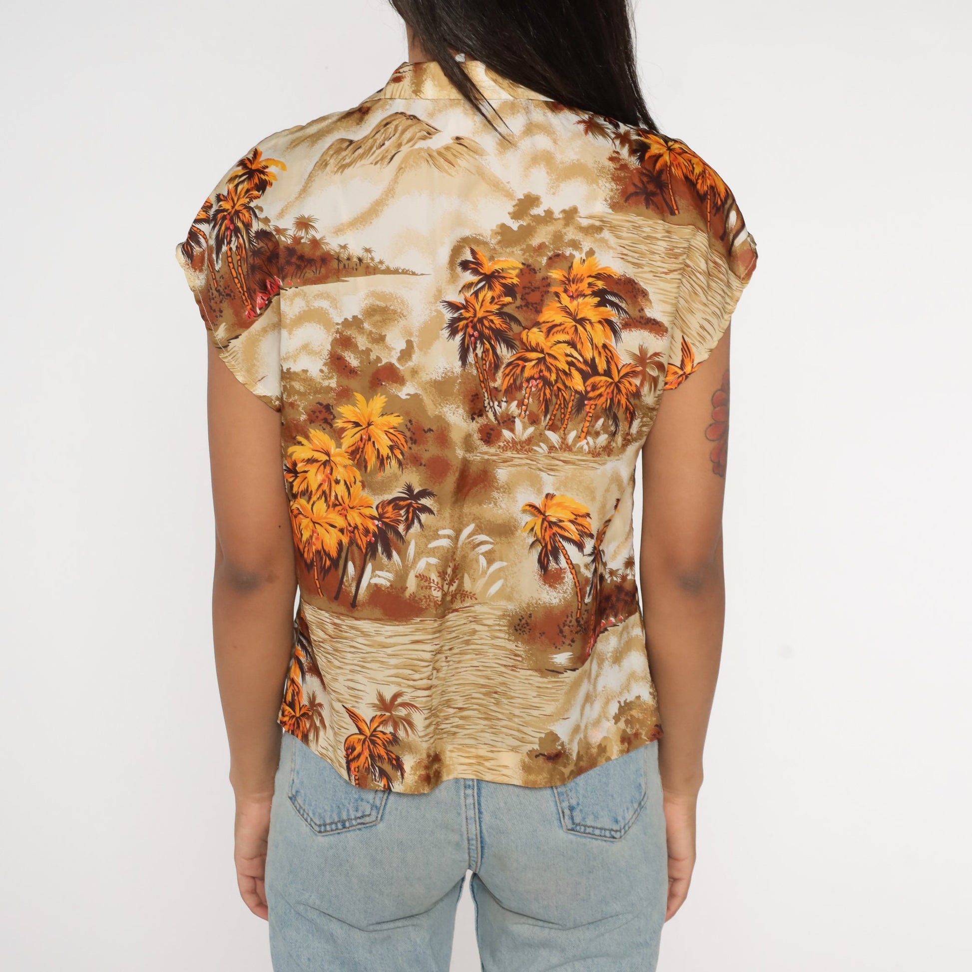 70s Hawaiian Shirt Palm Tree Mountain Print Brown Yellow Cap Sleeve Small