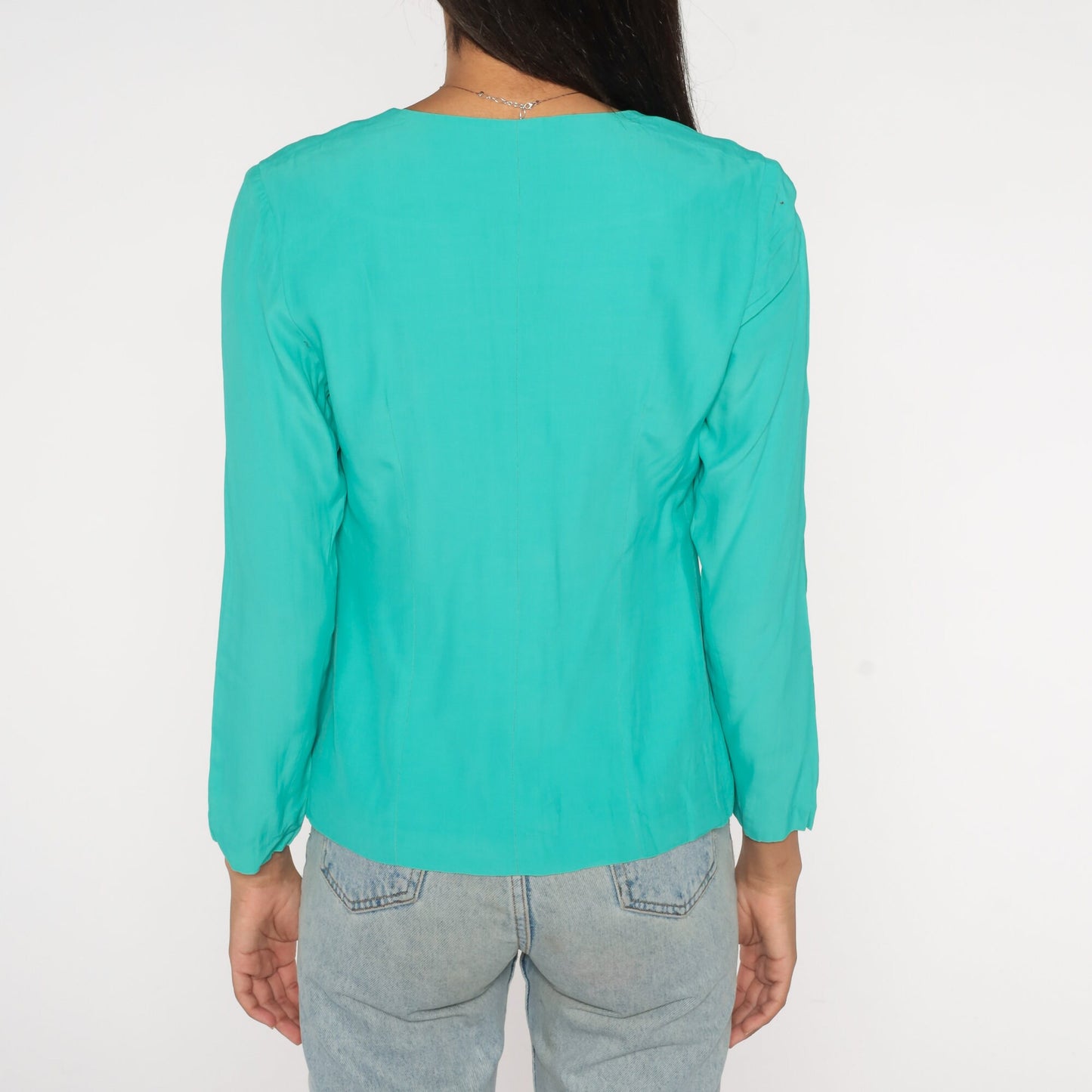 80s Turquoise Button-Up Blouse V-Neck Long Sleeve Shirt Small S