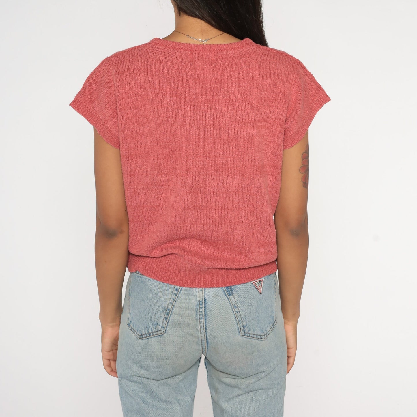 80s Koret Career Coral Cable Knit Sweater V-Neck Cap Sleeve Medium
