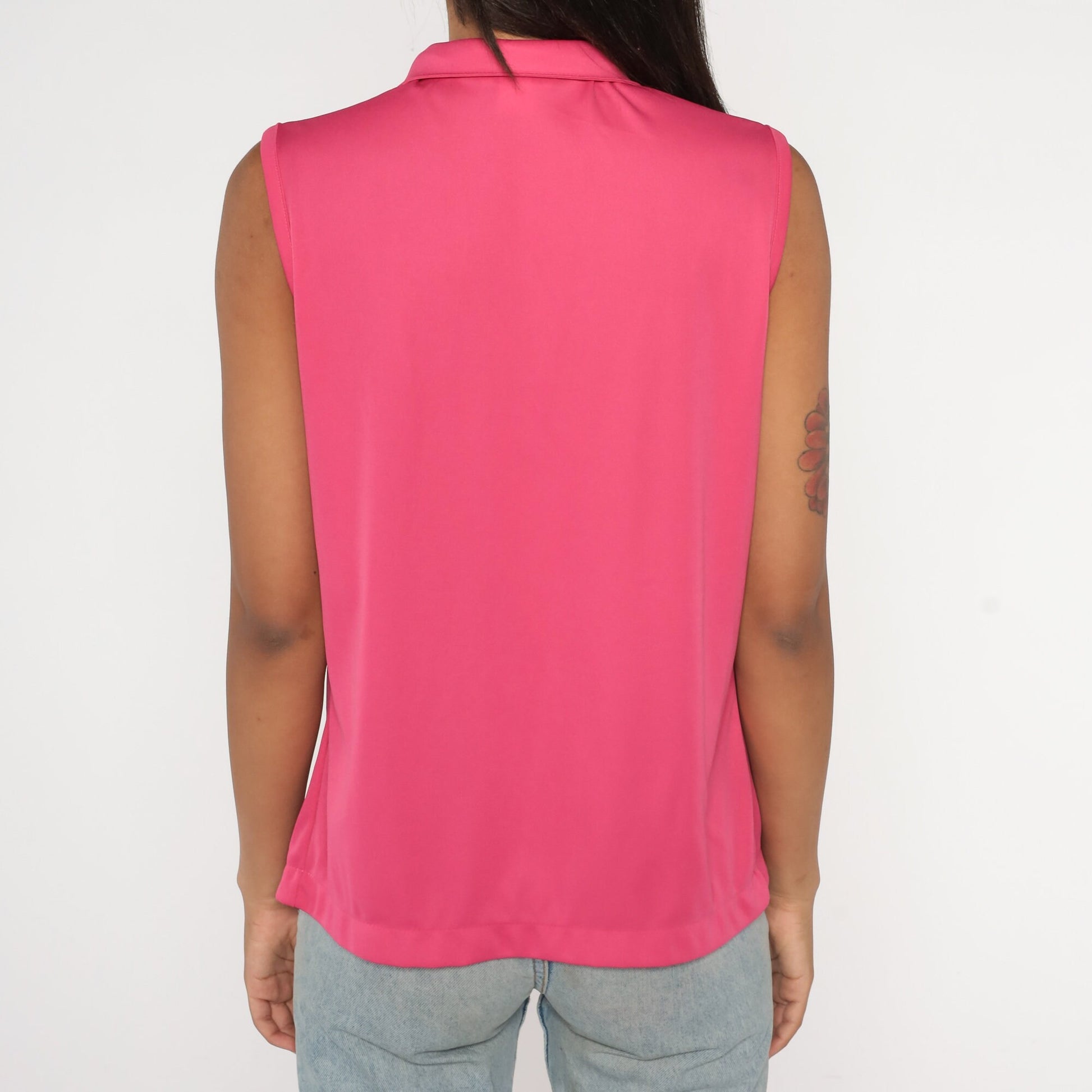 70s Bright Pink Collared Tank Top Button-Up Blouse Medium Large